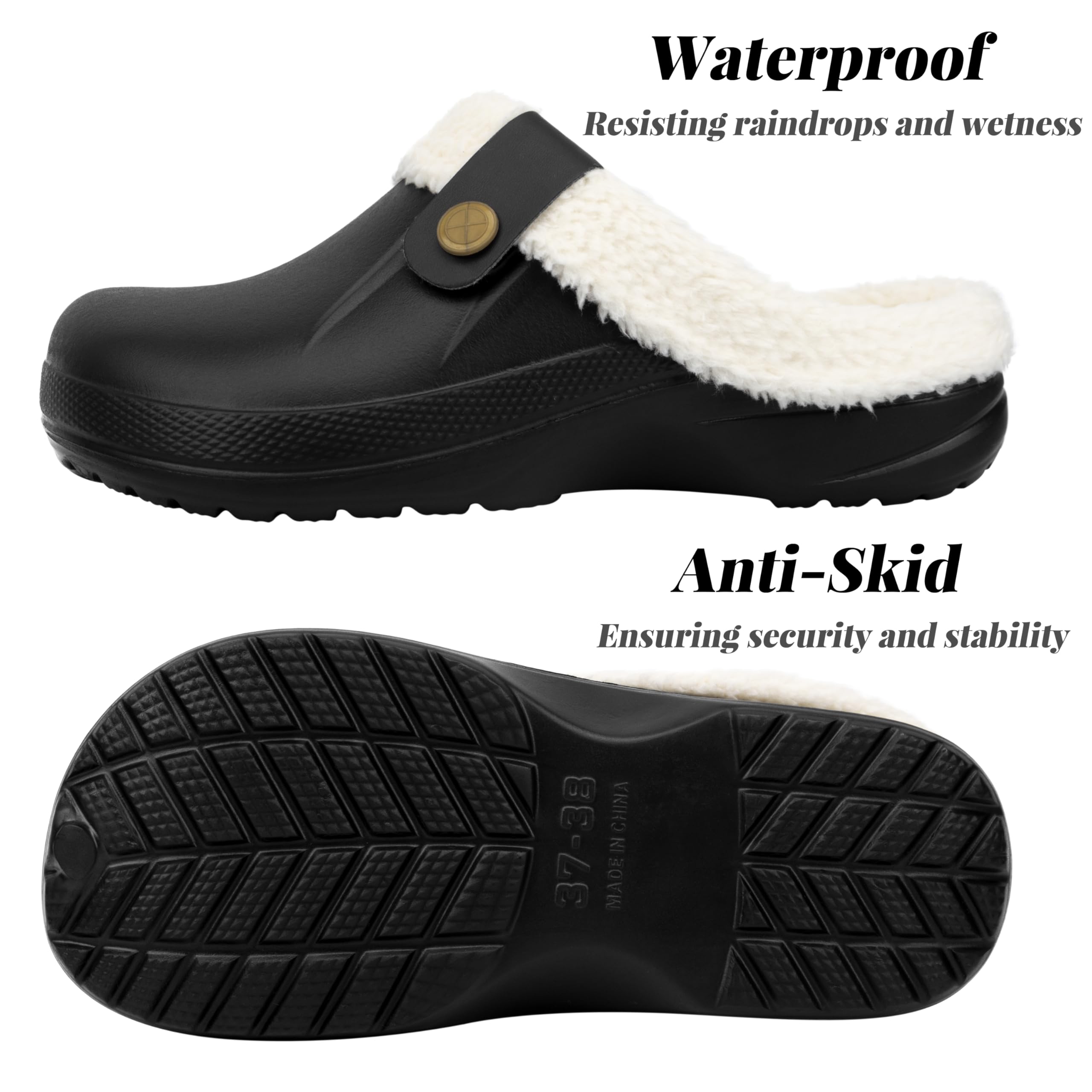 ChayChax Women and Men Fur Lined Clogs Memory Foam Warm Fuzzy Slippers Winter Waterproof Indoor Outdoor Slipper