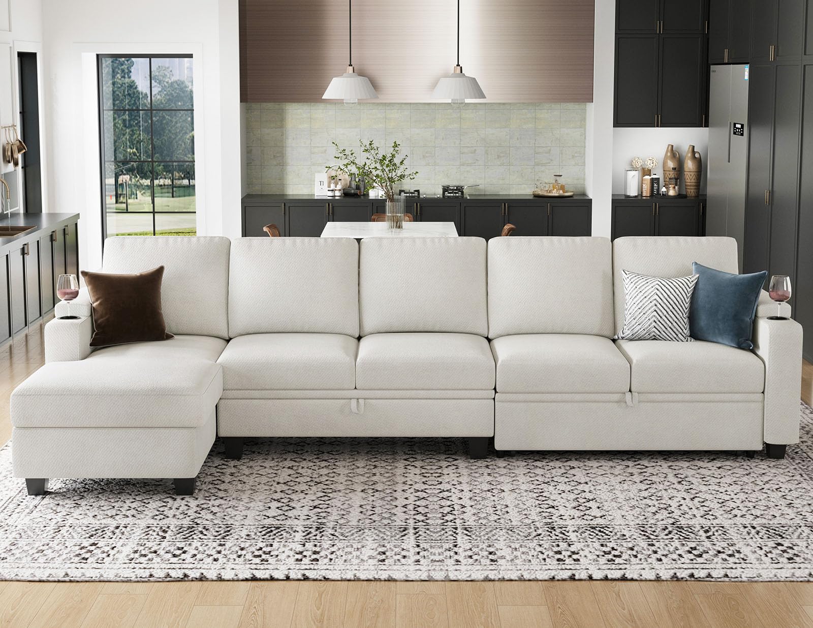Belffin Modular Sectional Sleeper Sofa Bed with Storage Chaise L Shaped Sectional Couches for Living Room Armrest with Cup Holder. White Couch