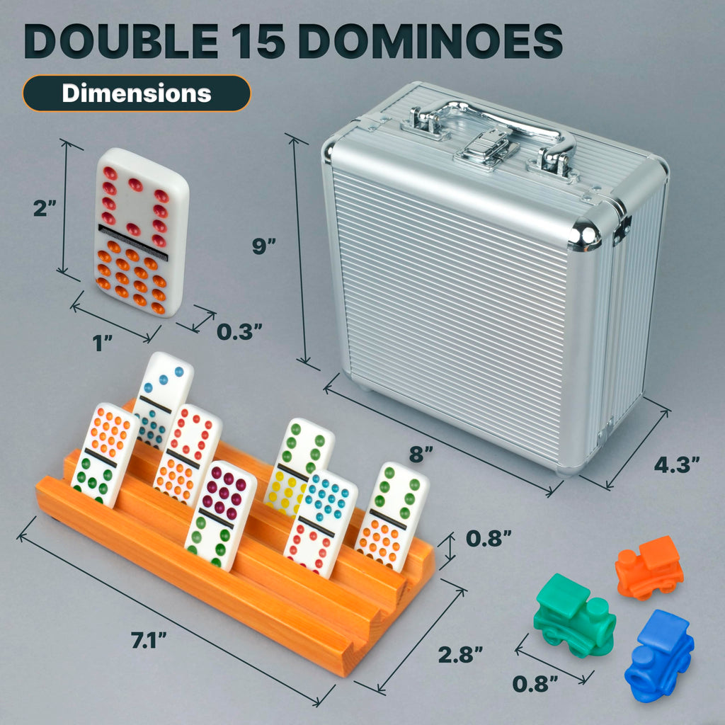 Queensell Mexican Train Dominoes Set Double 15 for Adults and Family, Mexican Train Double 15 Dominoes Set Colored Dot - 136 Tiles, 9 Trains, Wooden Hub, Aluminum Case (Double 15)