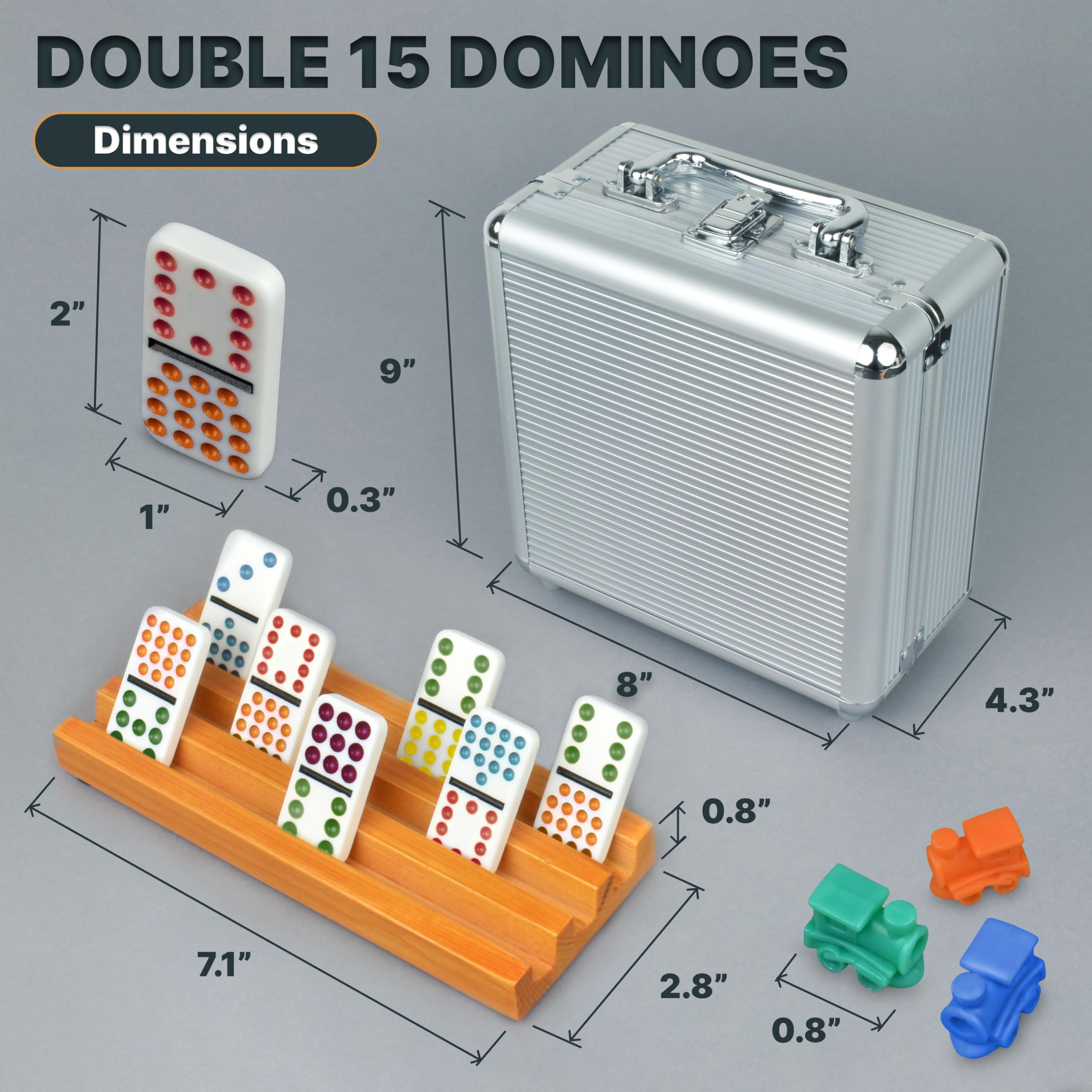 Queensell Mexican Train Dominoes Set Double 15 for Adults and Family, Mexican Train Double 15 Dominoes Set Colored Dot - 136 Tiles, 9 Trains, Wooden Hub, Aluminum Case (Double 15)