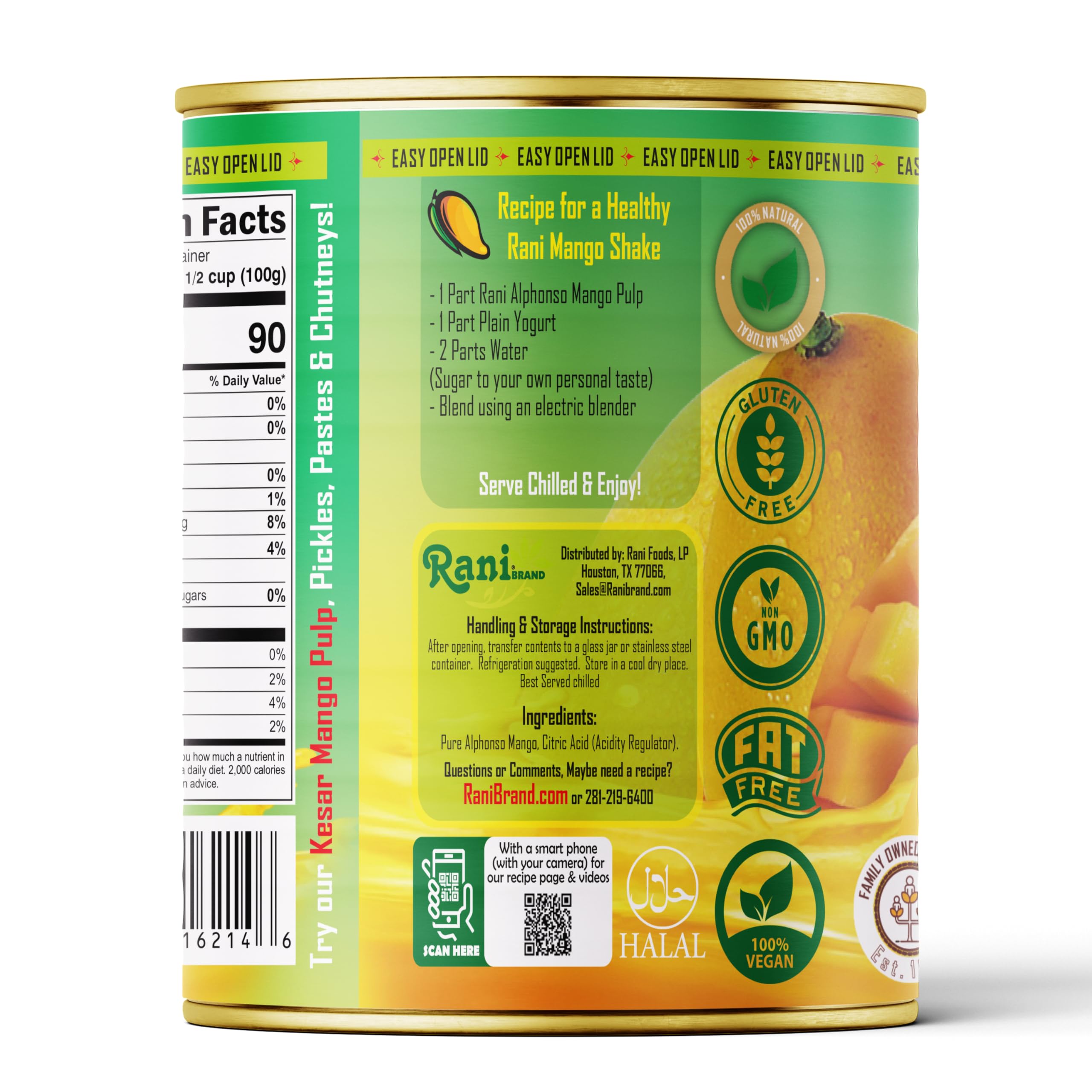 Rani Mango Pulp Puree (Makes Mango Lassi Shakes) Alphonso Sweetened 30oz (1.875lbs) 850g ~ Kosher | All Natural | NON-GMO | Vegan | No colors | Gluten Friendly | Indian Origin