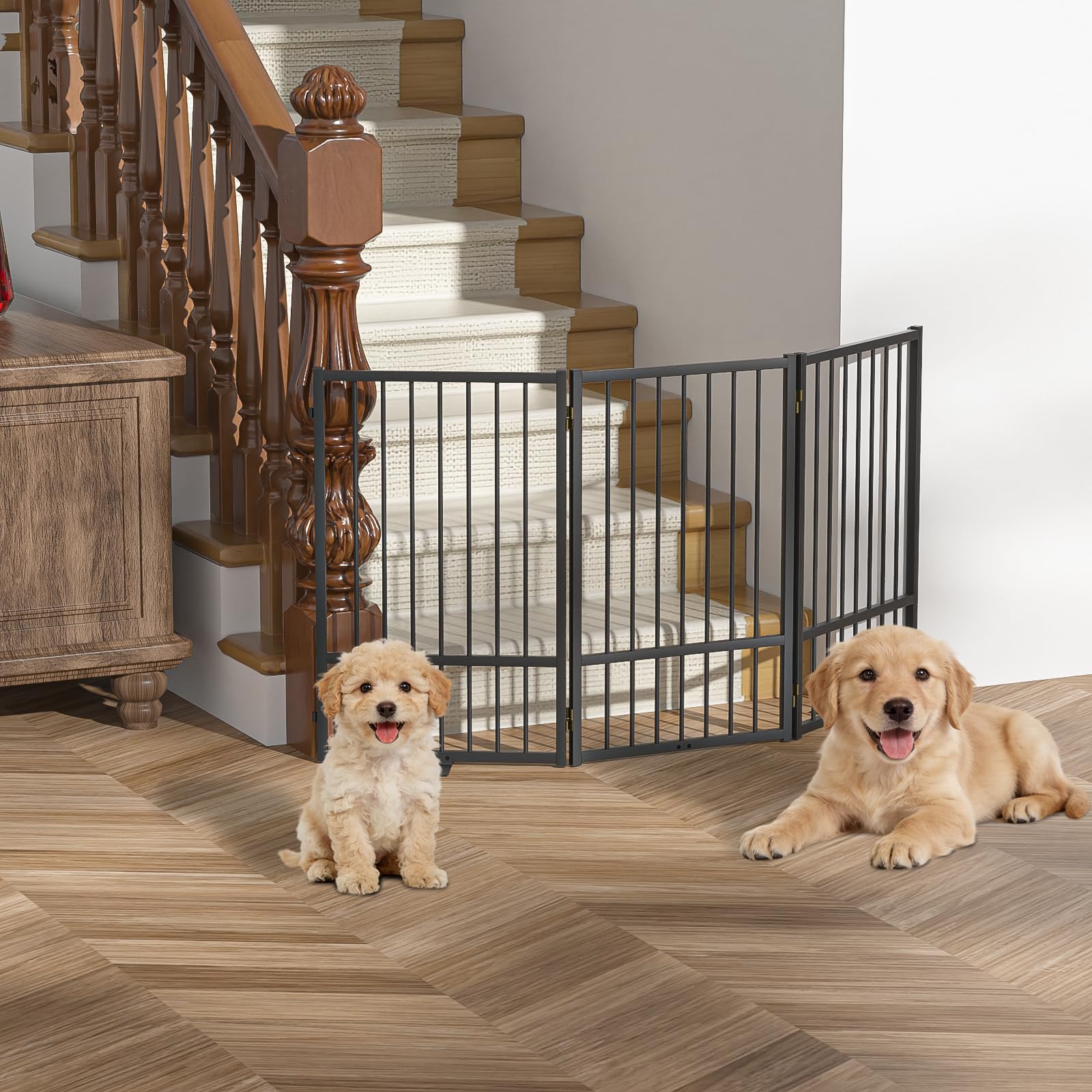 SNUOWU Full Metal Freestanding Dog Gate with Door, 24'' Height Foldable Pet Dog Fence for Indoor & Outdoor, 2 Panels Extra Wide Free Standing SmallDog Gates for Doorways,House,Stairs,Porch,Deck,Yard