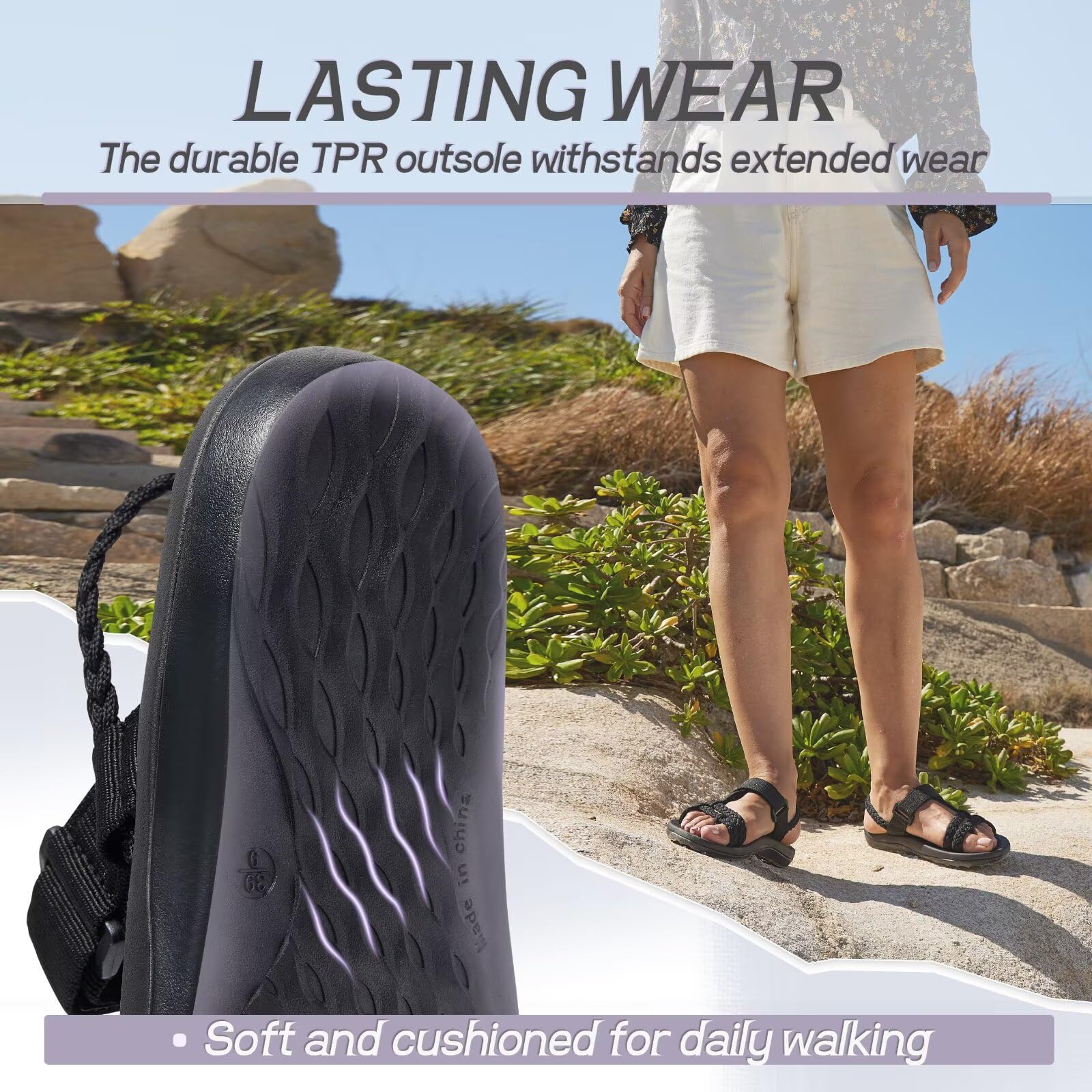 MEGNYA Hiking Sandals for Womens, Comfortable Walking Flip Flop Sandals with Arch Support, Athletic Sandals with Hook and Loop Straps for Beach Vacation Adventure