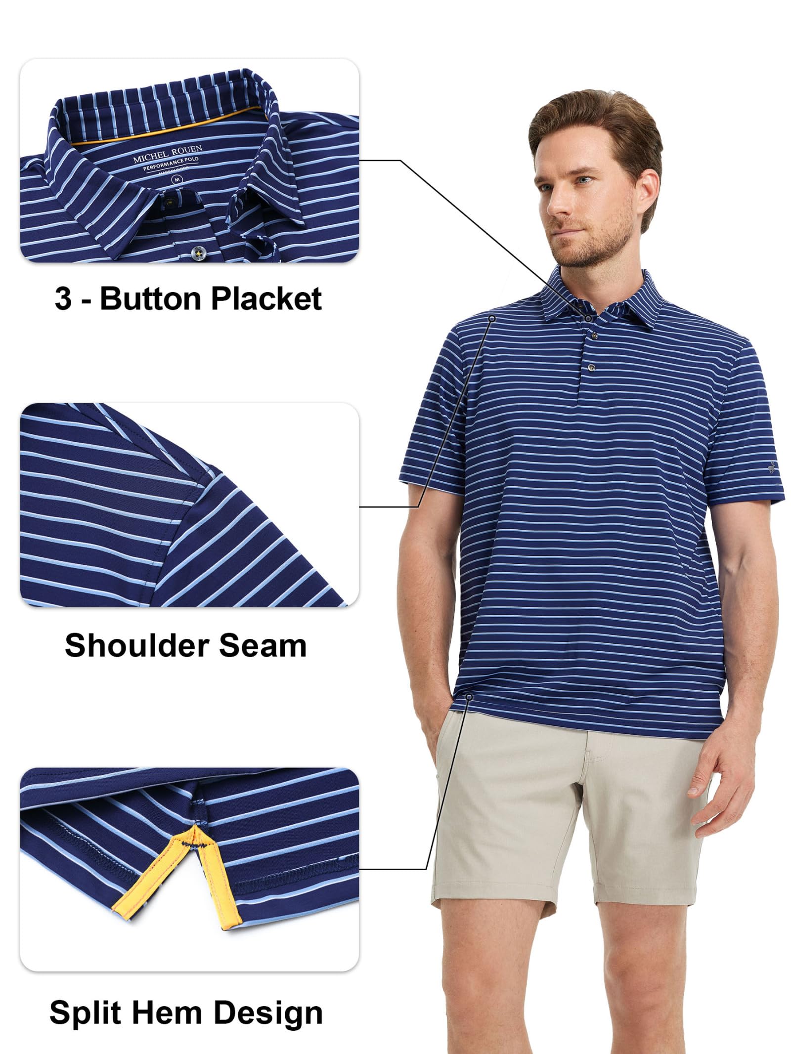Rouen Mens Polo Shirts Short Sleeve Dry Fit Performance Moisture Wicking Causal Striped Polo Collared Golf Shirts for Men