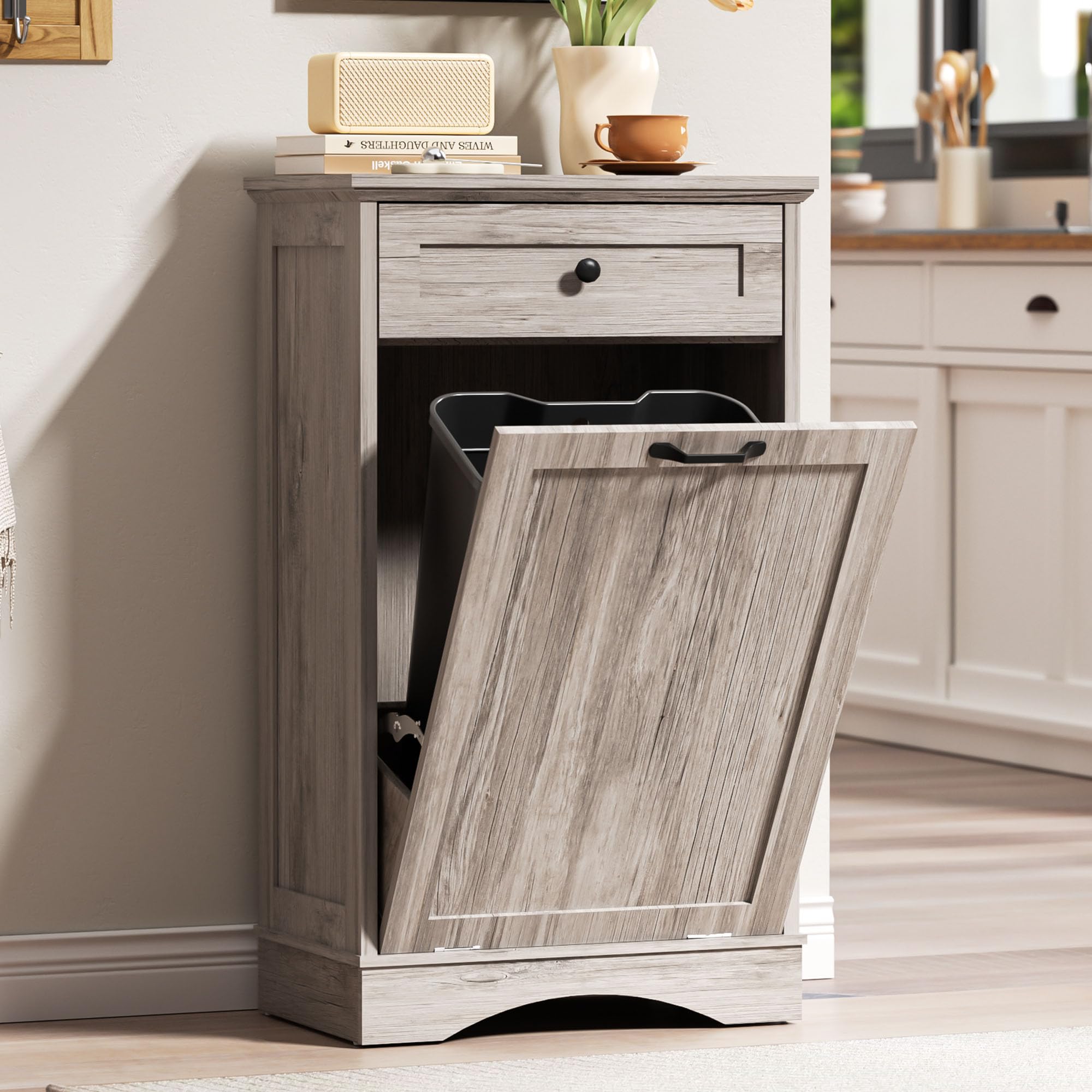 AHB Double Tilt Out Trash Can Cabinet Freestanding Kitchen Trash Can, 2x13 Gallons Hidden Garbage Recycling Cabinet with Hideaway Drawers Pet Proof Trash Can Holder for Kitchen, Antique White
