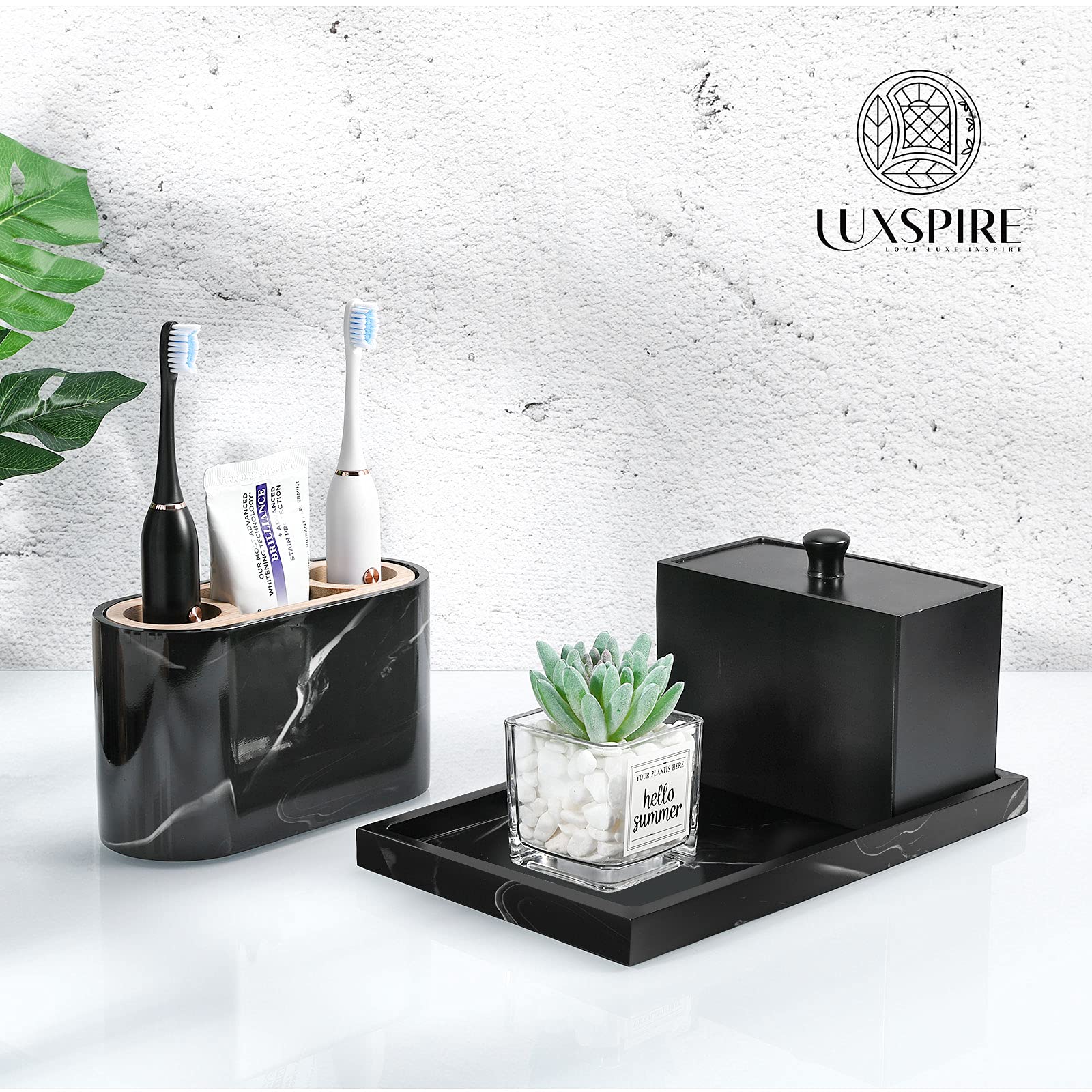 Luxspire Bathroom Vanity Tray, Resin Dresser Jewelry Ring Dish Tank Storage Kitchen Sink Countertop Organizer Plate Holder for Perfume Candles Soap Towel Plant Bathroom Accessories, M, Matte Black