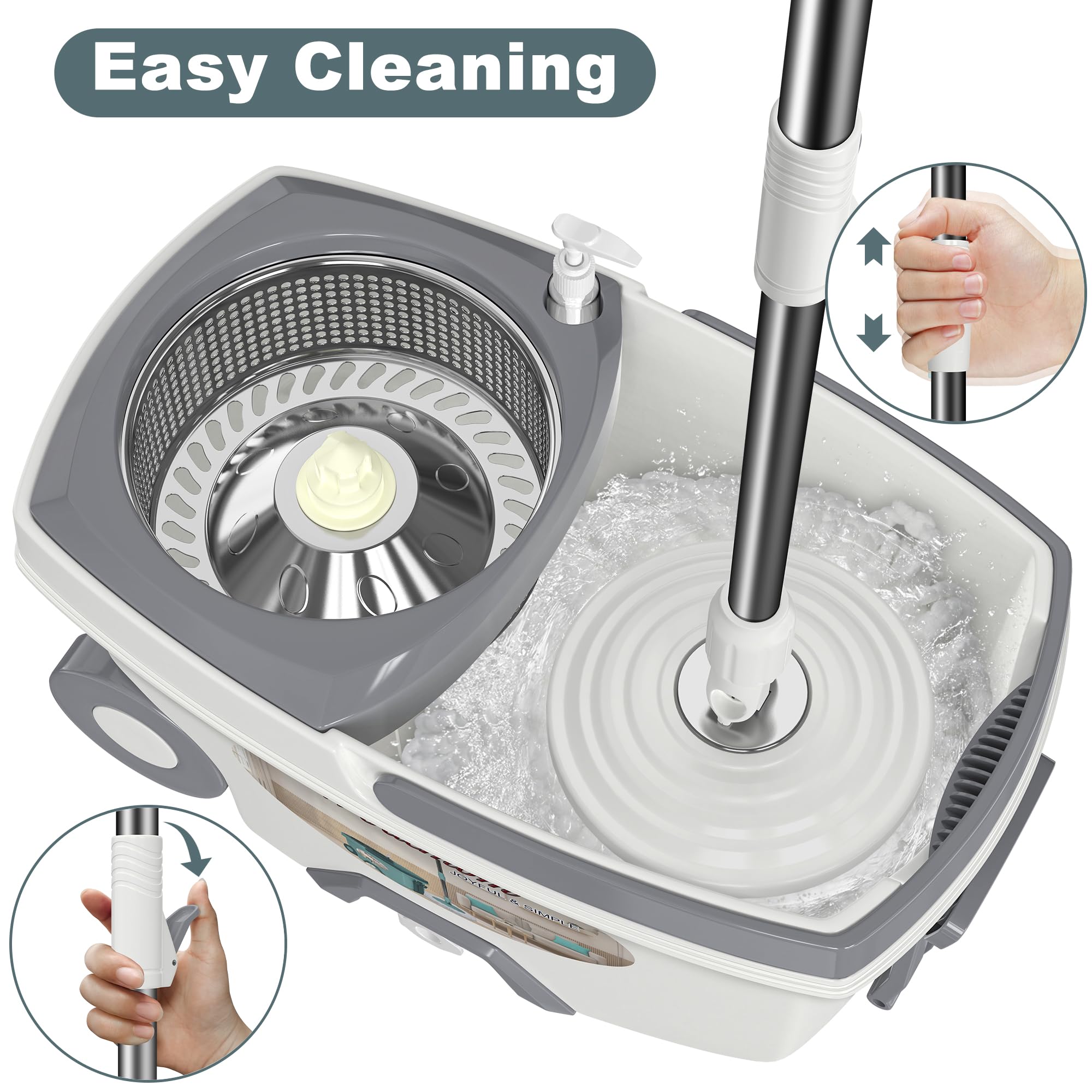 Dual Compartment Spin Mop and Bucket, Mop and Bucket with Wringer Set,360°Rotating Spinning Mopping for Floor Cleaning with 6 Microfiber Replacement Heads, 61" Extended Handle, 2X Wheel - Deep Green