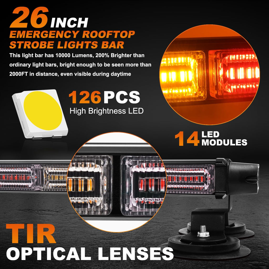 ASPL 26inch 126 LED Rooftop Emergency Strobe Lights Bar Double Side Flashing Safety Warning Traffic Advisor Light Bar Hazard Snow Plow Light for Work Trucks Vehicles Construction Tow Pickup(Amber)