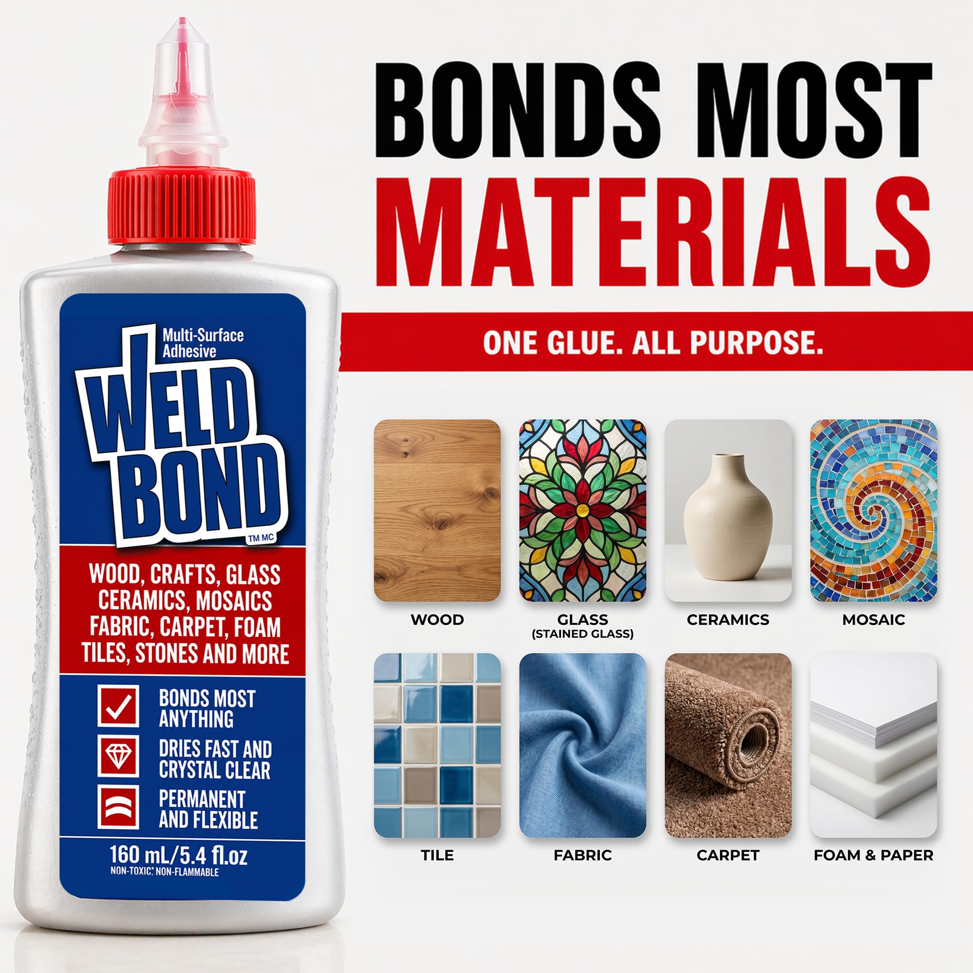 Weldbond Multi-Surface Strong Glue – Fast Drying Glue for Wood, Tile, Ceramic, Pottery, Glass & More – Heavy Duty Adhesive for Mosaic, Crafts, Wood Working & Repairs – 5.4oz (160ml), 1 Pack