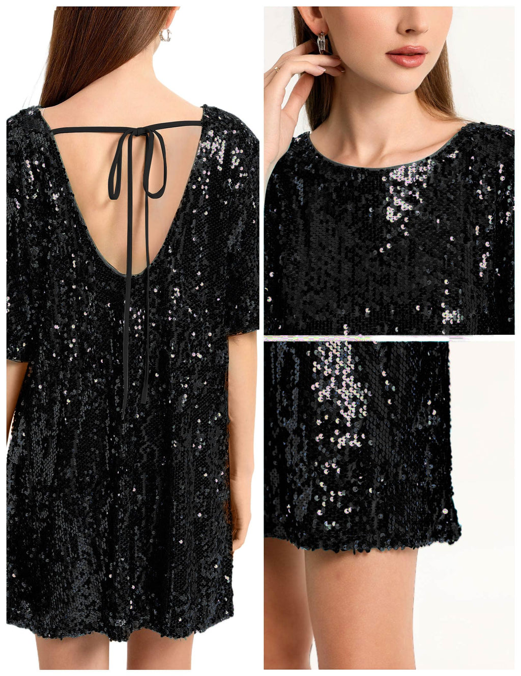 Women's Crew Neck Sequin Dress for Women Sexy V Neck Shirt Dress Sparkly Half Sleeve Loose Party Club Cocktail Dress