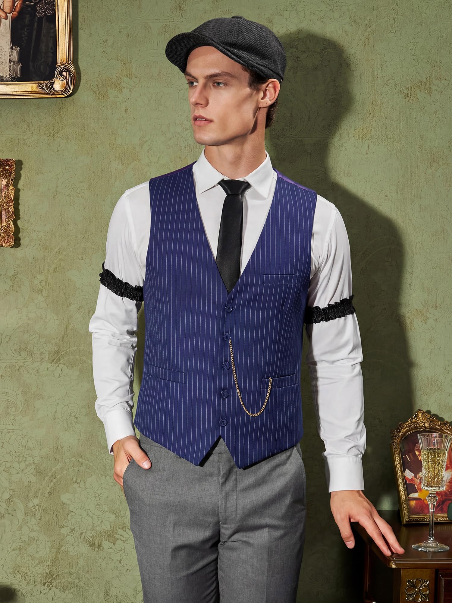 YESSA 1920s Mens Costume,Roaring 20s Costumes for Men,Gatsby Costume Men,1920s Mens Outfit Hat Vest Pocket Watch Tie