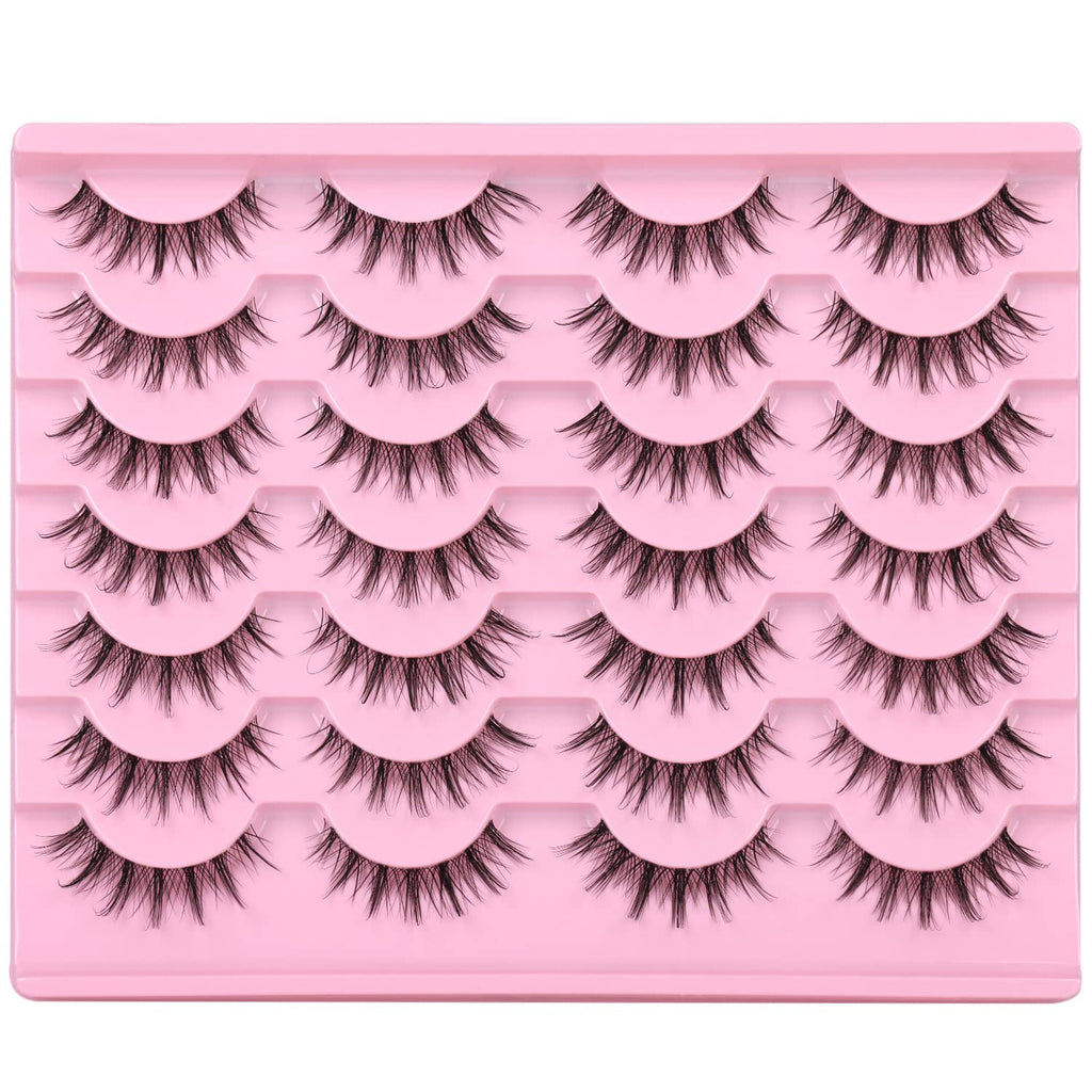 False Lashes Natural Look Wispy Eyelashes Manga Korean Spiky 16mm Short Faux Mink Eyelashes Cat Eye Natural Fake Eyelashes Strip Lashes Pack 14 Pairs