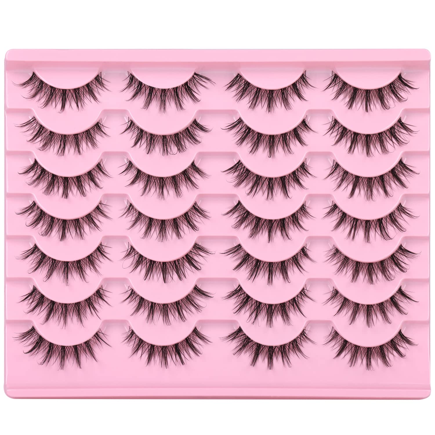 False Lashes Natural Look Wispy Eyelashes Manga Korean Spiky 16mm Short Faux Mink Eyelashes Cat Eye Natural Fake Eyelashes Strip Lashes Pack 14 Pairs