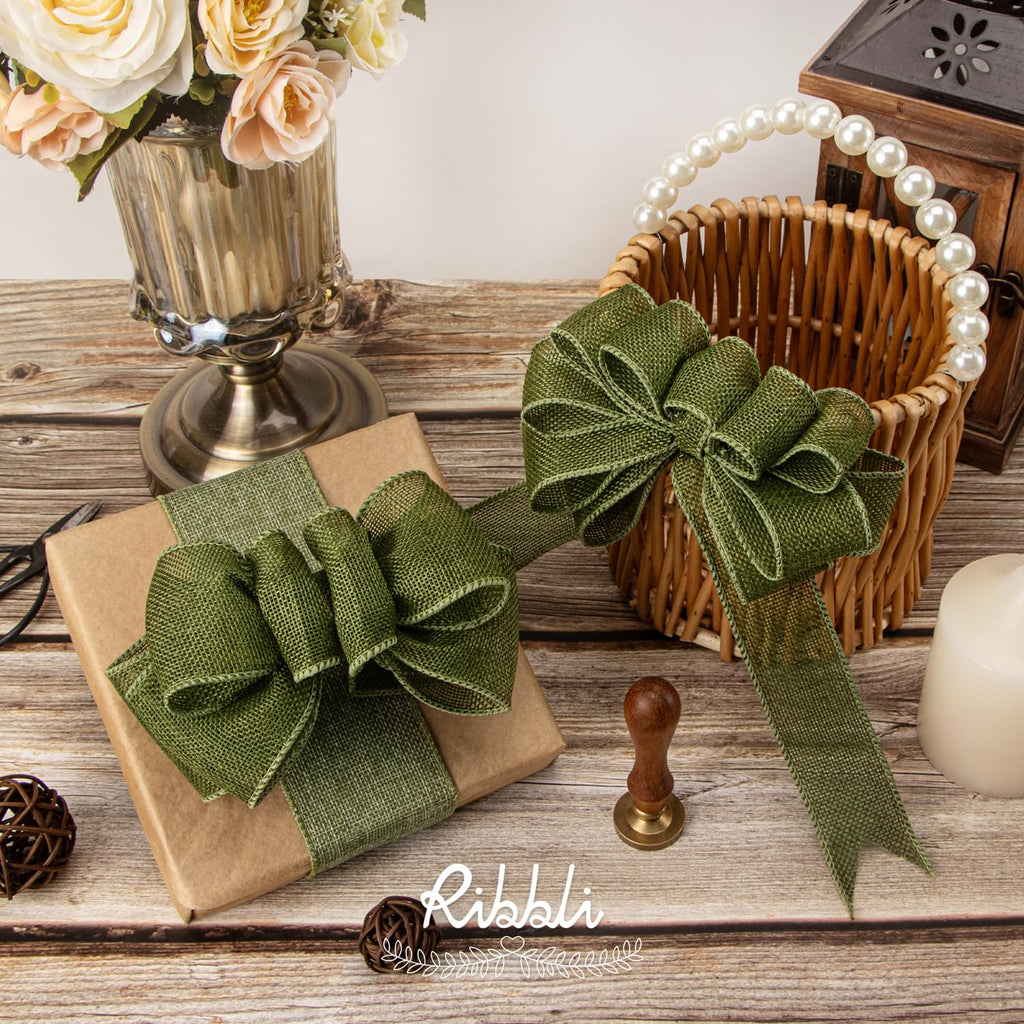 Ribbli Cinta con alambre de arpillera verde manzana, 1-1/2 pulgadas x 10 yardas, cinta con borde con alambre para lazo grande, corona, decoración de árbol, decoración al aire libre