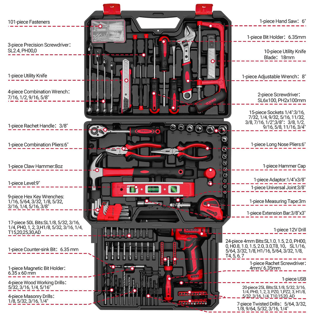 Tool Set: Tool Kit with 12V Cordless Drill, Hand Toolbox with storage case, Mechanic Tool set for Home Repairs, Green