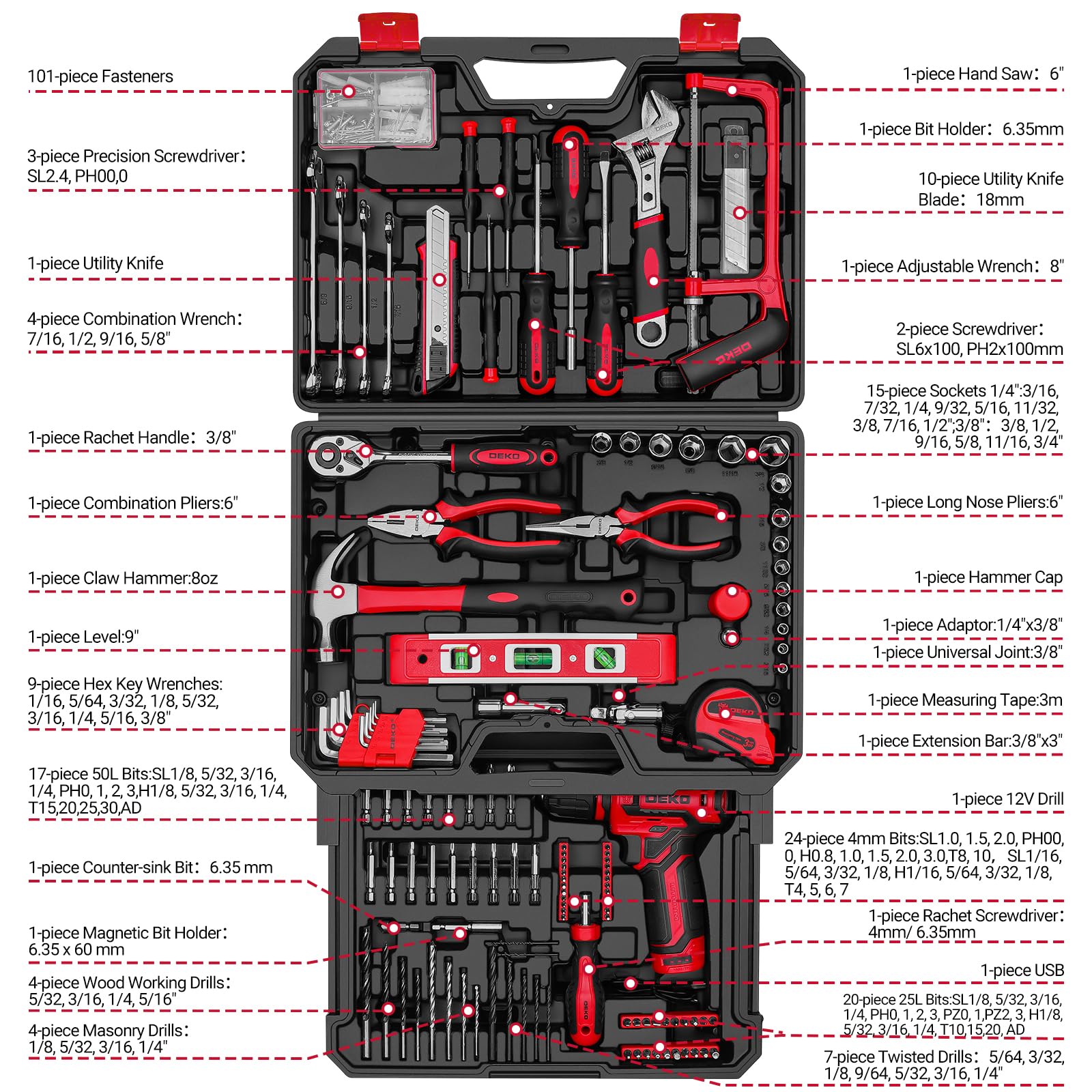 Tool Set: Tool Kit with 12V Cordless Drill, Hand Toolbox with storage case, Mechanic Tool set for Home Repairs, Green