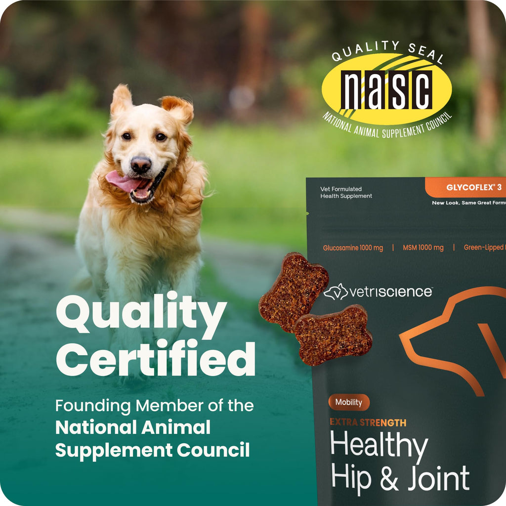 VetriScience Glycoflex 3 Vet Strength Glucosamine for Dogs Hip and Joint Supplement - Clinically Proven Mobility and Joint Supplement with MSM, DMG and Green Lipped Sea Mussel, Chicken, 60 Chews