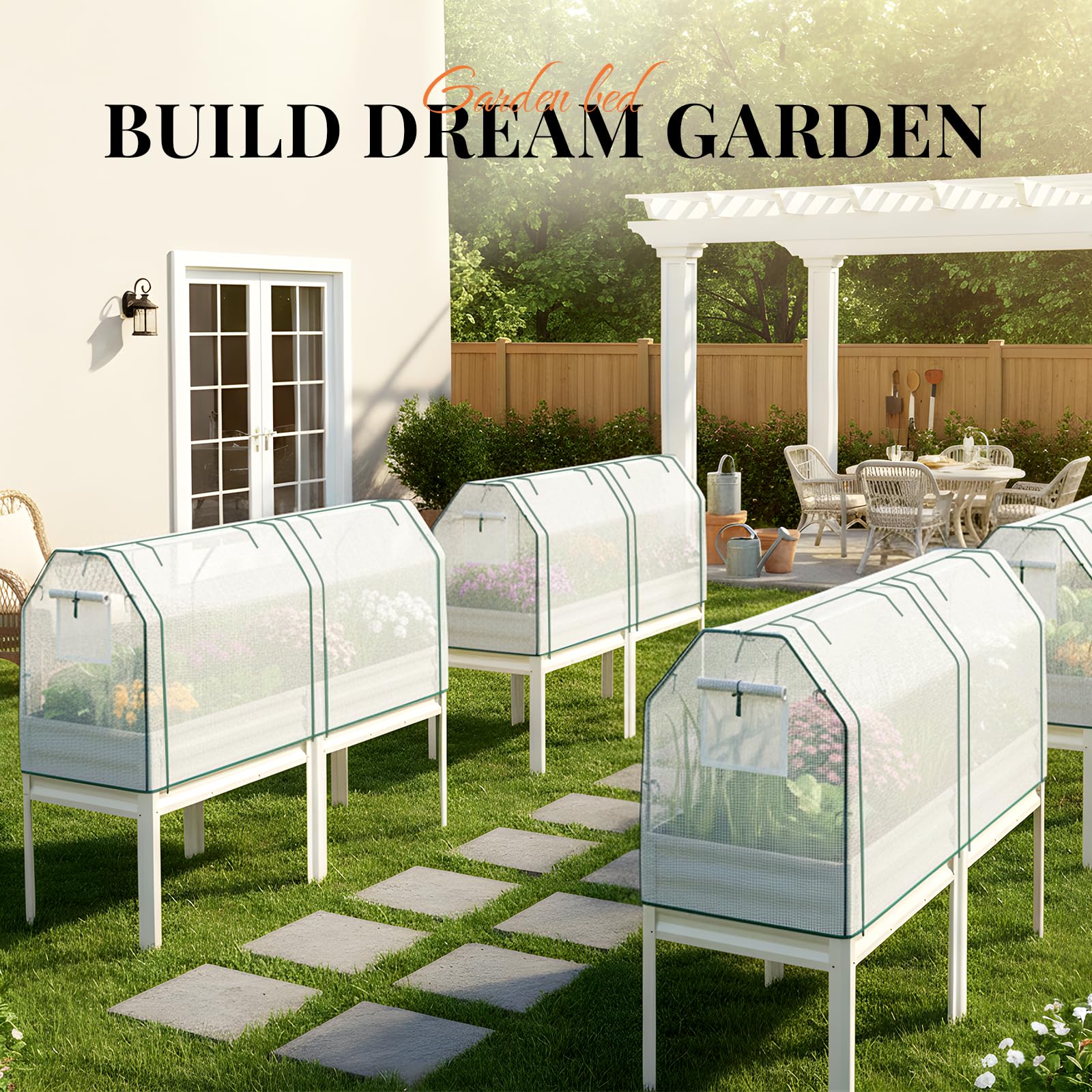 KING BIRD Large Raised Garden Bed with Netting Galvanized Elevated Planter Box with Legs 72×23×55 in for Backyard, Patio, Balcony, 700lb Capacity, Beige