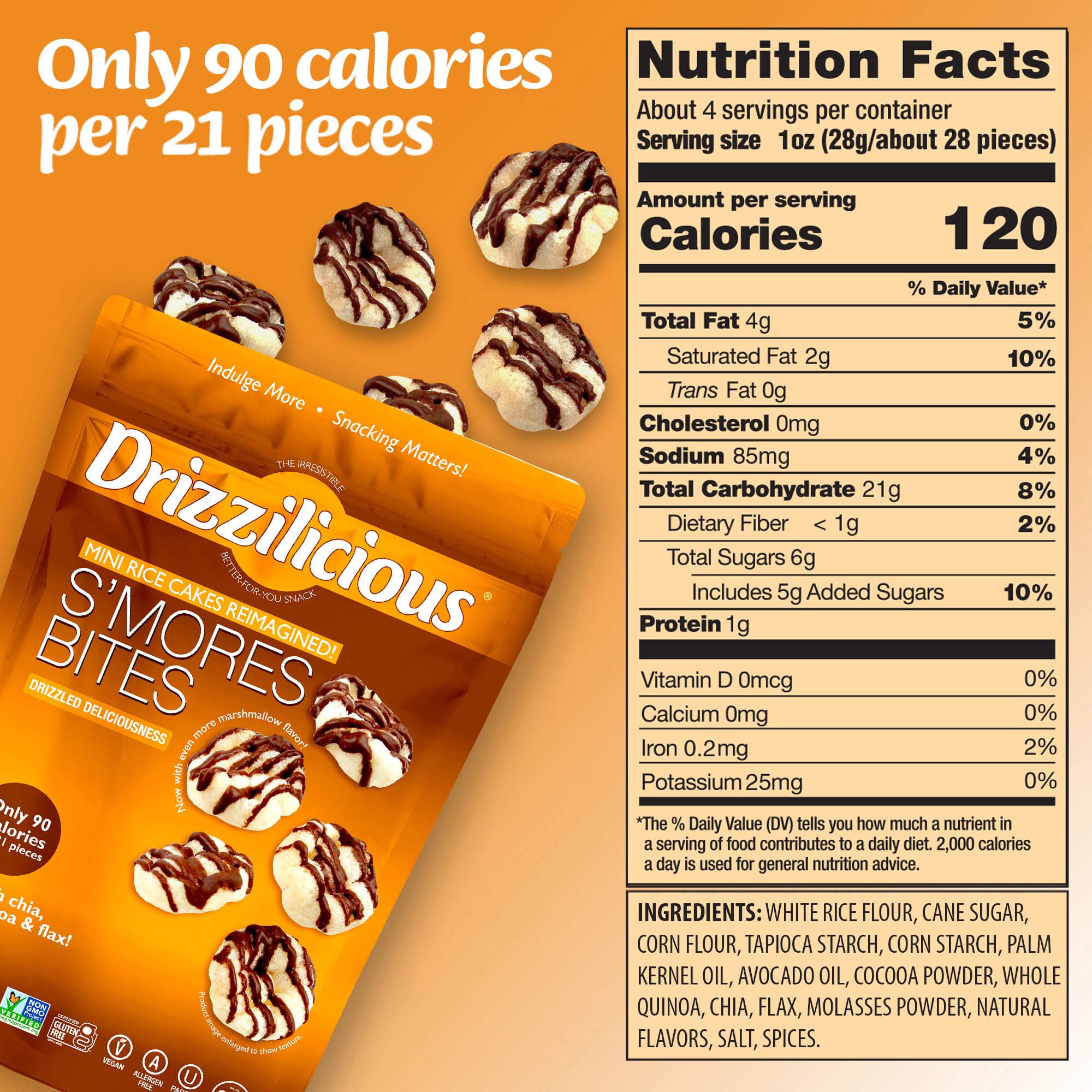 Drizzilicious Mini Flavored Rice Cakes - Rice Crisps, Healthy Snack for Adults and Kids, Vegan, Gluten Free Snack, 90 Calories Per 21 Pieces, S'mores & Cinnamon Swirl - 4 oz (Pack of 6)