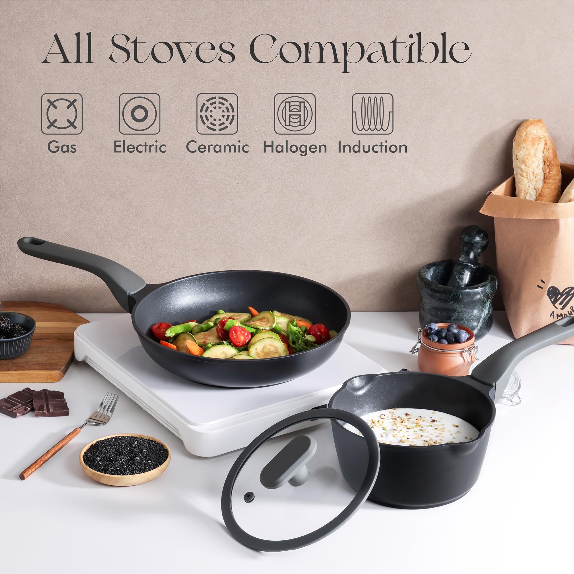 PRICUSIS Nonstick Frying Pan, 8/10/12 Inch Skillet with Stay Cool Handle, Fully Coated, Induction Compatible, 100% Dishwasher Safe, PFOA Free（10 Inch, Black Sesame）