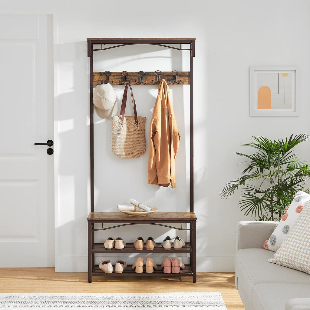 VASAGLE Shoe Bench Rack, 3-Tier Storage Shelf for Entryway Hallway Living Room, Industrial Accent Furniture with Steel Frame, 12.6 x 31.5 x 70.3 Inches, Greige