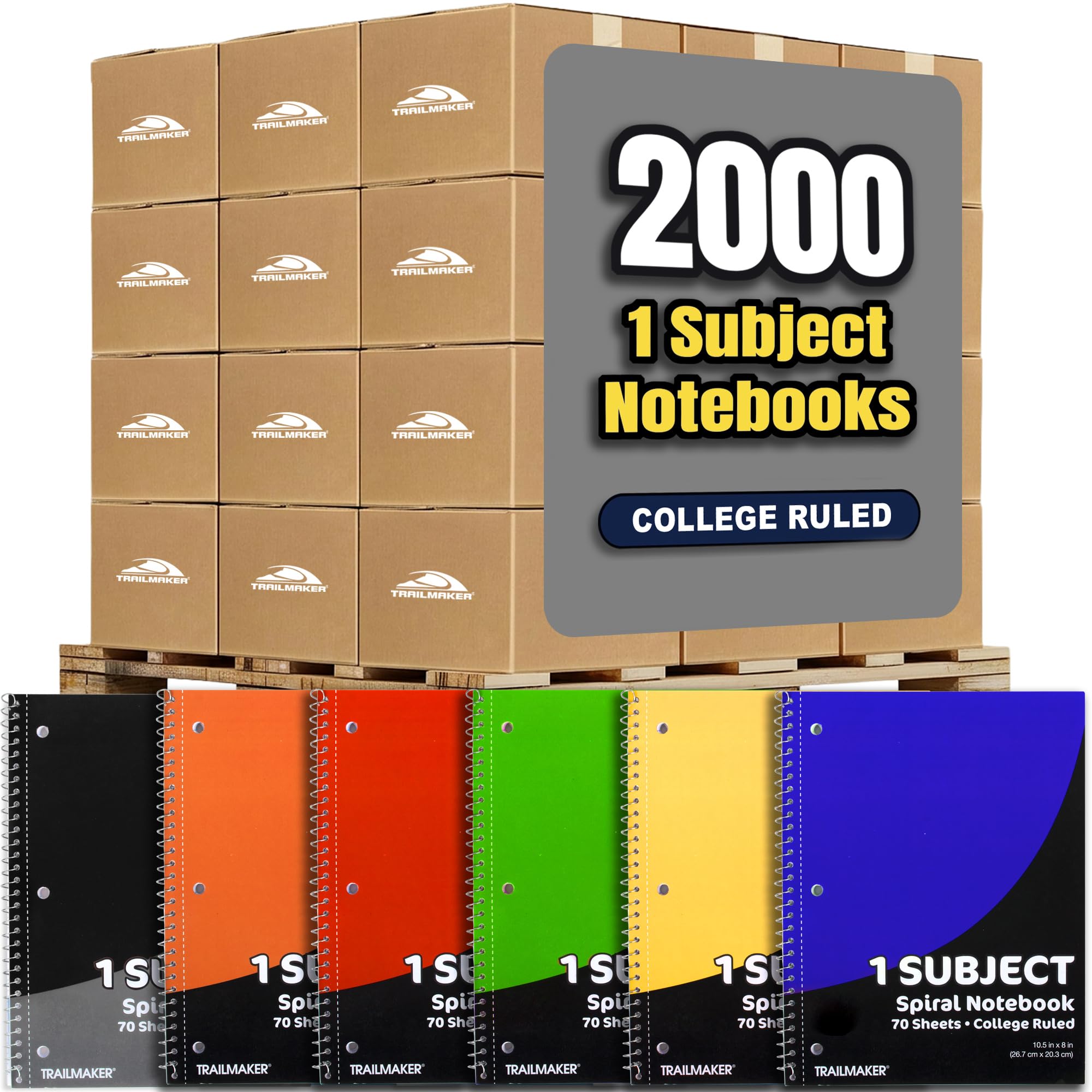 Trail maker Bulk Notebooks (2000 Pack), One Subject Notebooks College Ruled, 140 Pages (70 Sheets),Spiral Bulk Notebooks for Kids, School Supplies, Journaling, Note Taking, Students, and Work