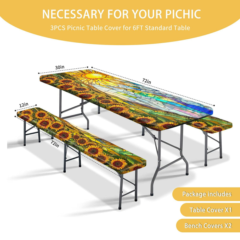 Park Picnic Table Cover with Bench Covers Lightweight Camping Essentials, Oil-Proof Waterproof 3PCS Tablecloth with Elastic, Fitted for Table 6FT Rectangle and Seats, American Flag Eagle (72x30in)