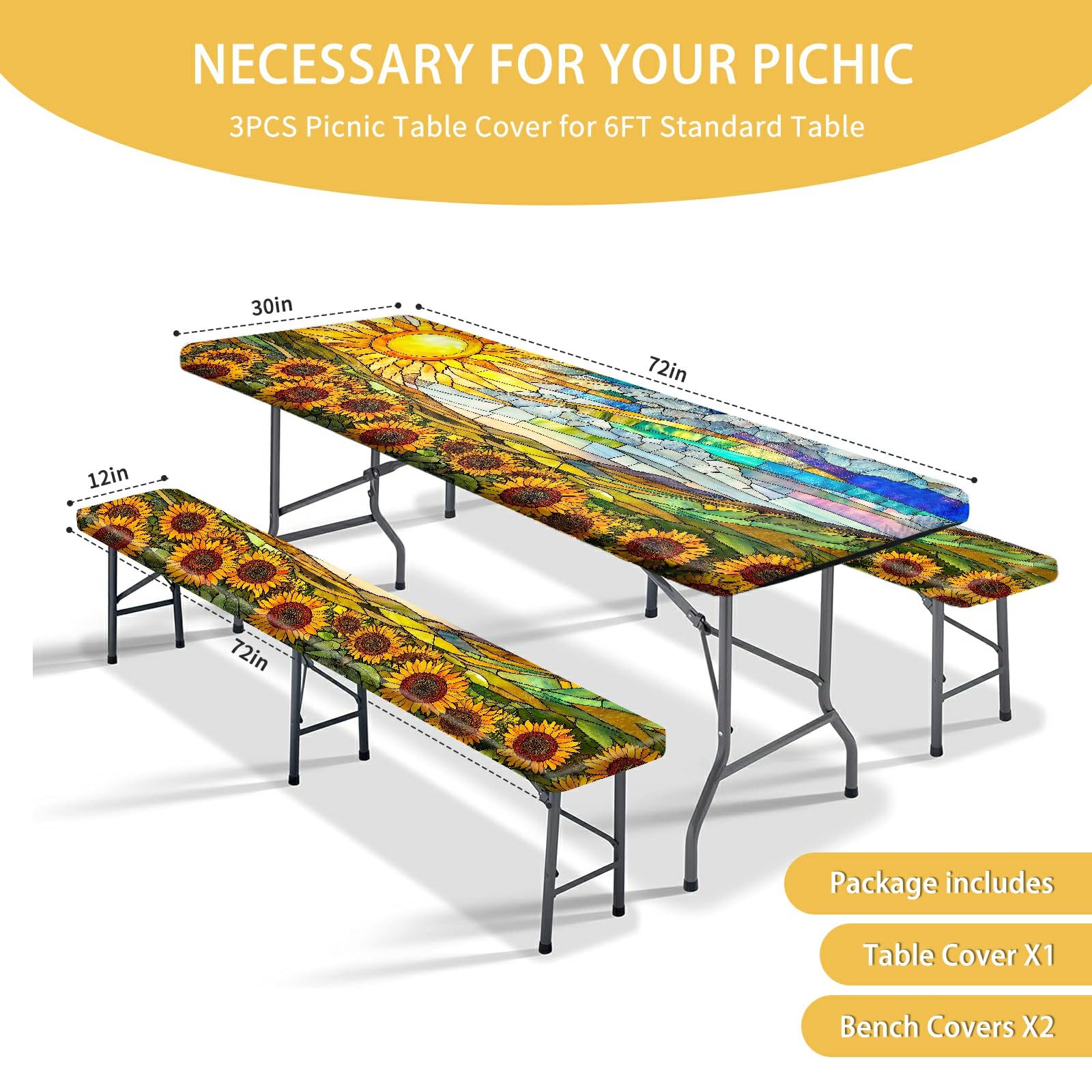 Park Picnic Table Cover with Bench Covers Lightweight Camping Essentials, Oil-Proof Waterproof 3PCS Tablecloth with Elastic, Fitted for Table 6FT Rectangle and Seats, American Flag Eagle (72x30in)