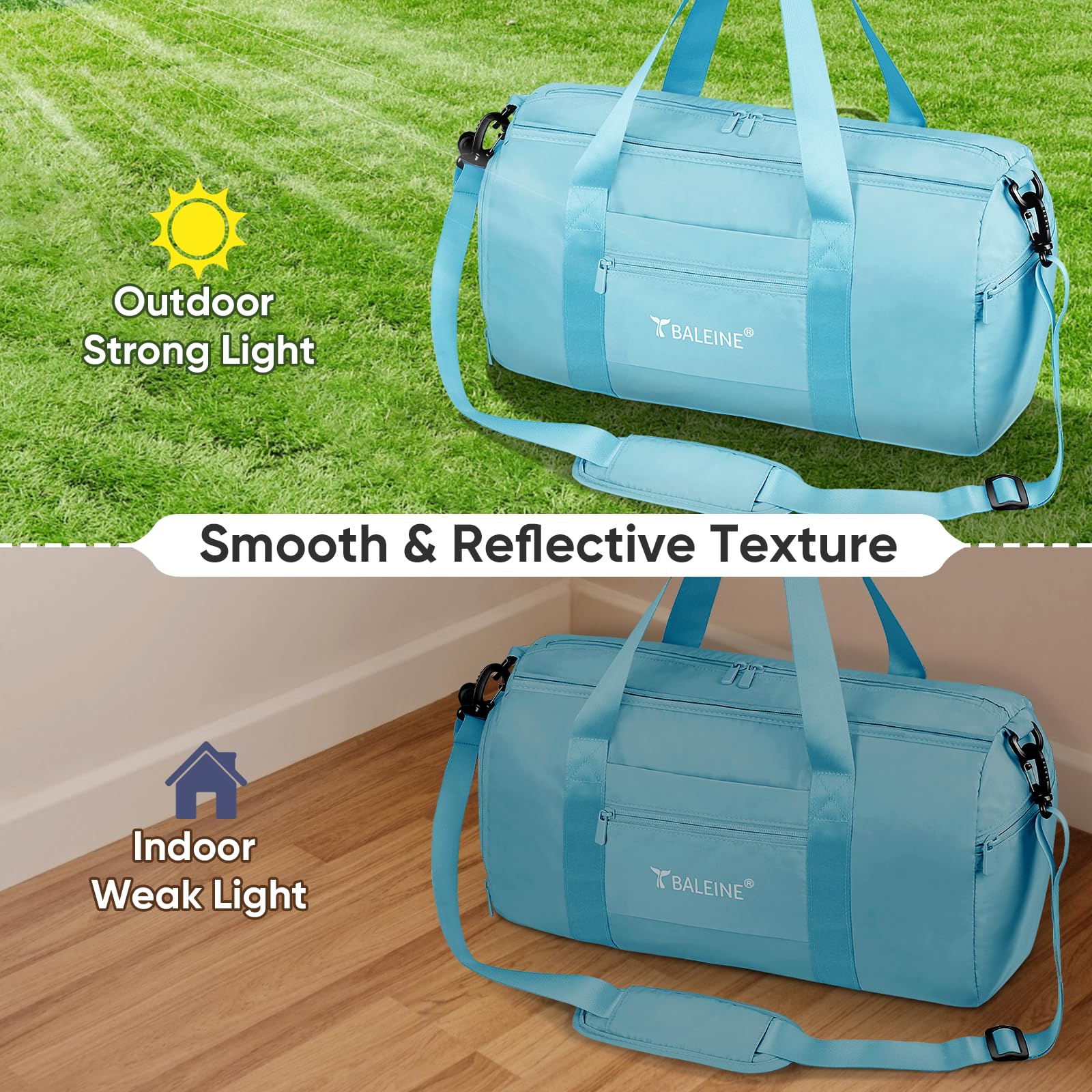 BALEINE Gym Bag for Women and Men, Duffel Bag for Sports, Gyms and Weekend Getaway, Waterproof Dufflebag with Shoe and Wet Clothes Compartments, Lightweight Carryon Gymbag (Azure)