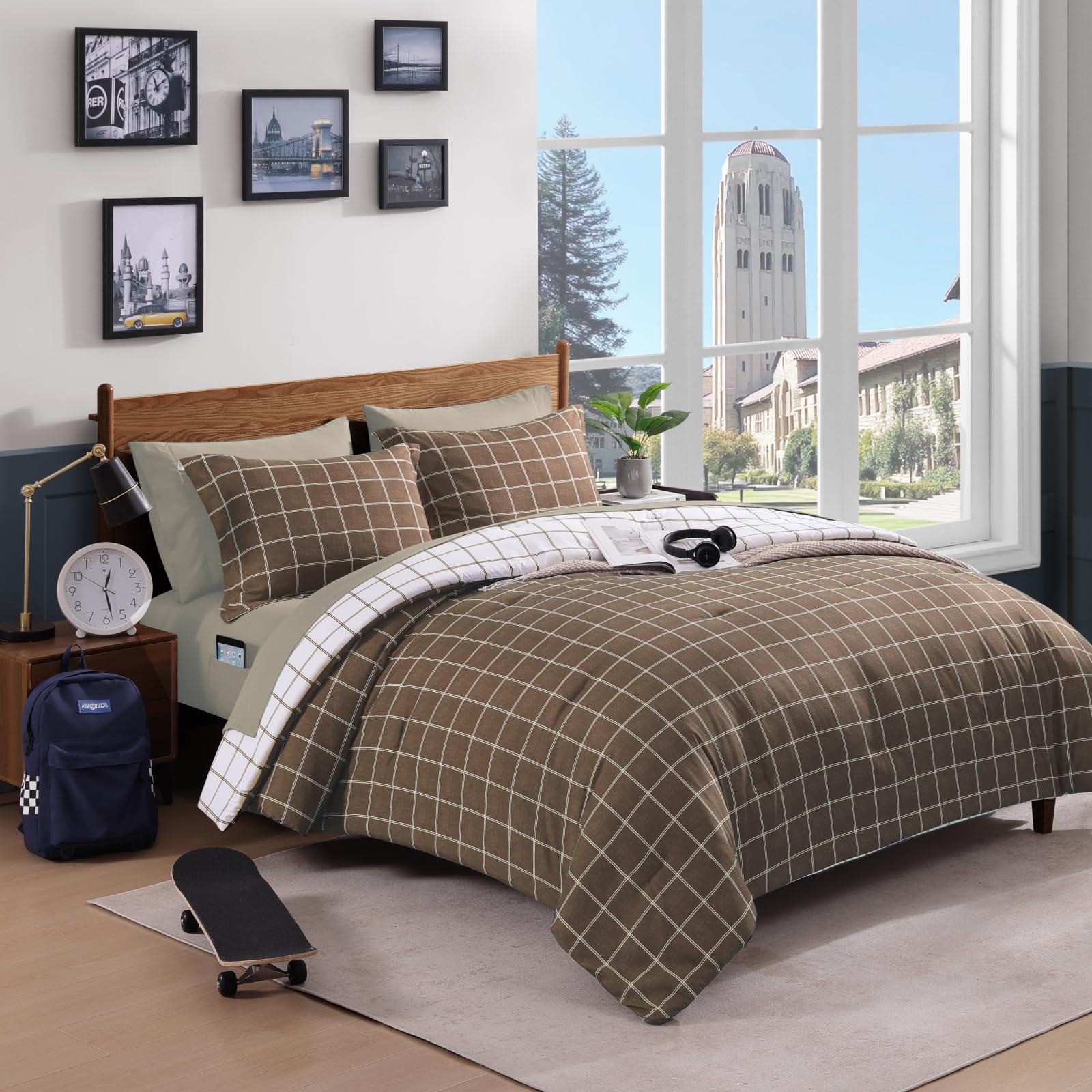 AMBERSPACE Plaid Twin XL Comforter Set Black, Reversible Checkered Bedding Set 5 Pieces for Boys Girls Teen, Lightweight Bed in a Bag for Dorm with Sheets, Pillowcase & Sham