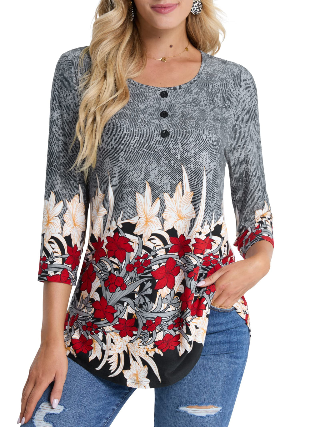 BAISHENGGT Womens Tops 3/4 Sleeve Round Neck Casual Tunic Tops Fall Fashion 2025 Dressy Casual Blouses