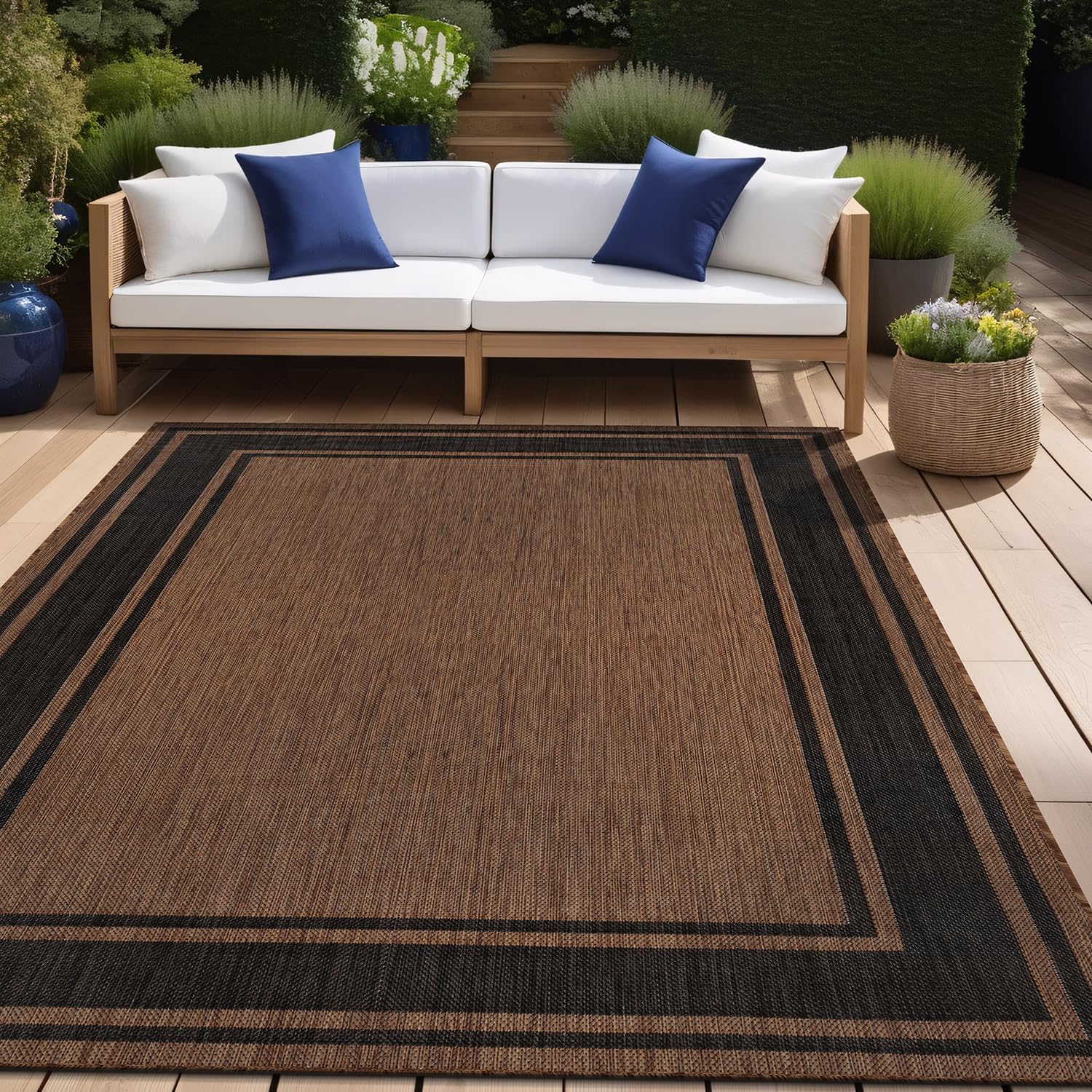 Beverly Rug Outdoor Rug 5x7 Modern Bordered Area Rugs for Indoor and Outdoor Patio Deck Porch Garden Waterproof Weather Sun Resistant Washable Outside Carpet (5 x 7 Beige)