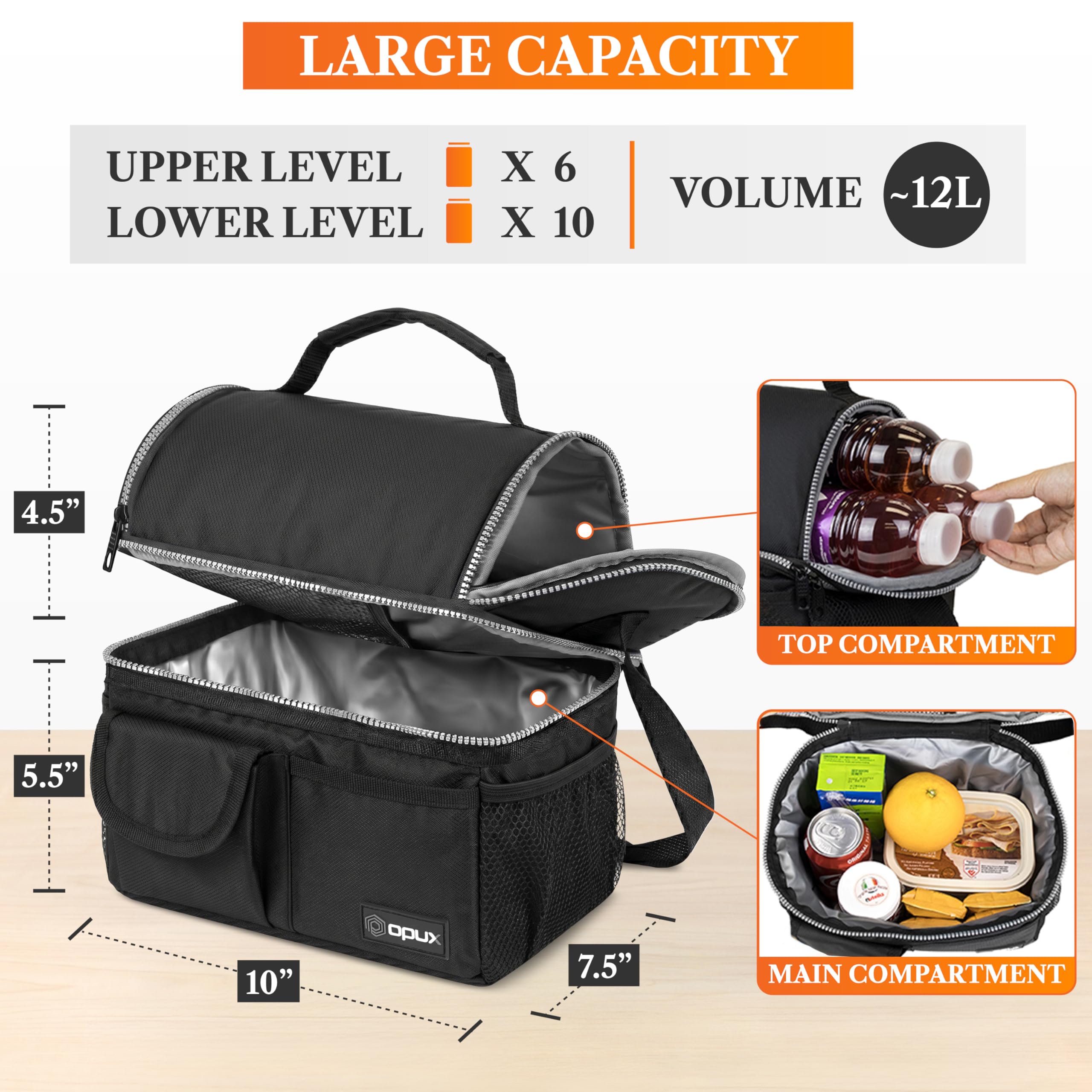 opux Insulated Lunch Bag Women Men, Dual Compartment Leakproof Lunch Box Adults Kids, Double Decker Meal Prep Bento Lunch Cooler Tote with Shoulder Strap for Work Office School Travel, Black