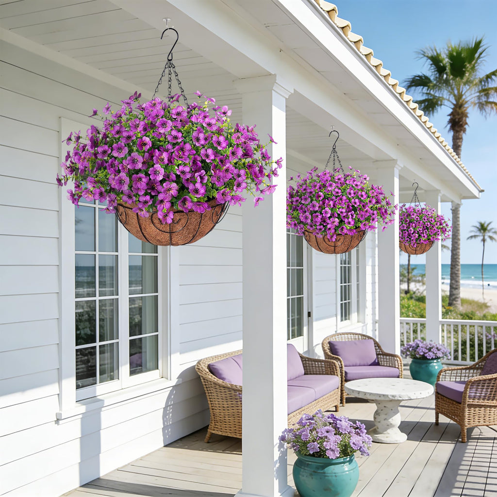 Ammyoo Artificial Faux Hanging Plants Flowers Basket for Spring Outdoor Decoration, Fake Silk Daisy UV Resistant Look Real with Eucalyptus Leaves Summer Outside Decor for Home Patio Garden
