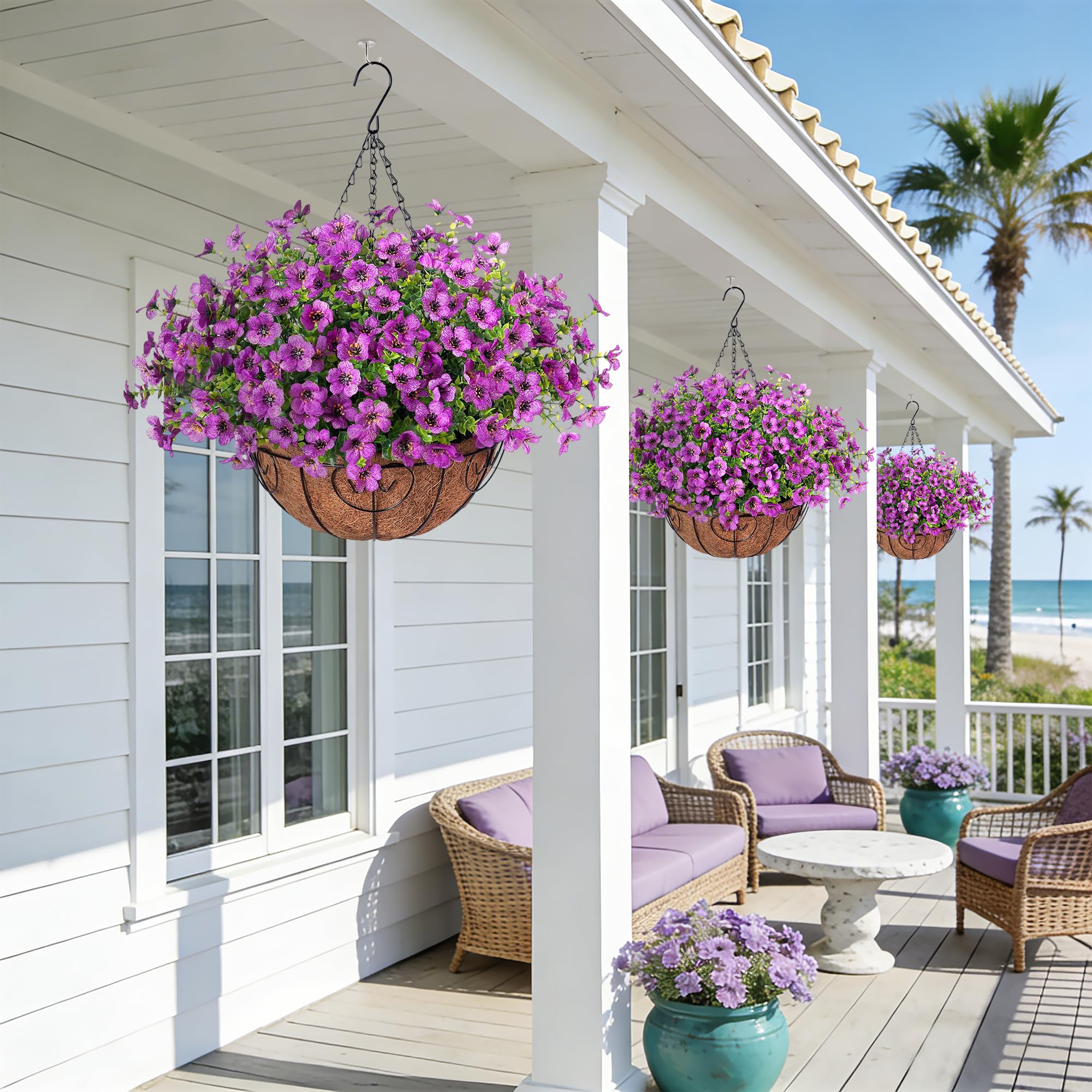 Ammyoo Artificial Faux Hanging Plants Flowers Basket for Spring Outdoor Decoration, Fake Silk Daisy UV Resistant Look Real with Eucalyptus Leaves Summer Outside Decor for Home Patio Garden