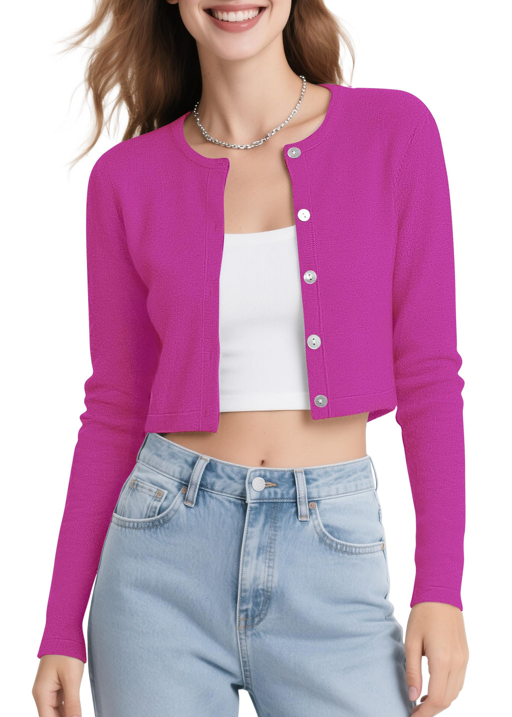 Urban CoCo Women's Long Sleeve Button Up Cropped Cardigan Sweaters for Women Crew Neck Short Bolero Shrug for Dresses