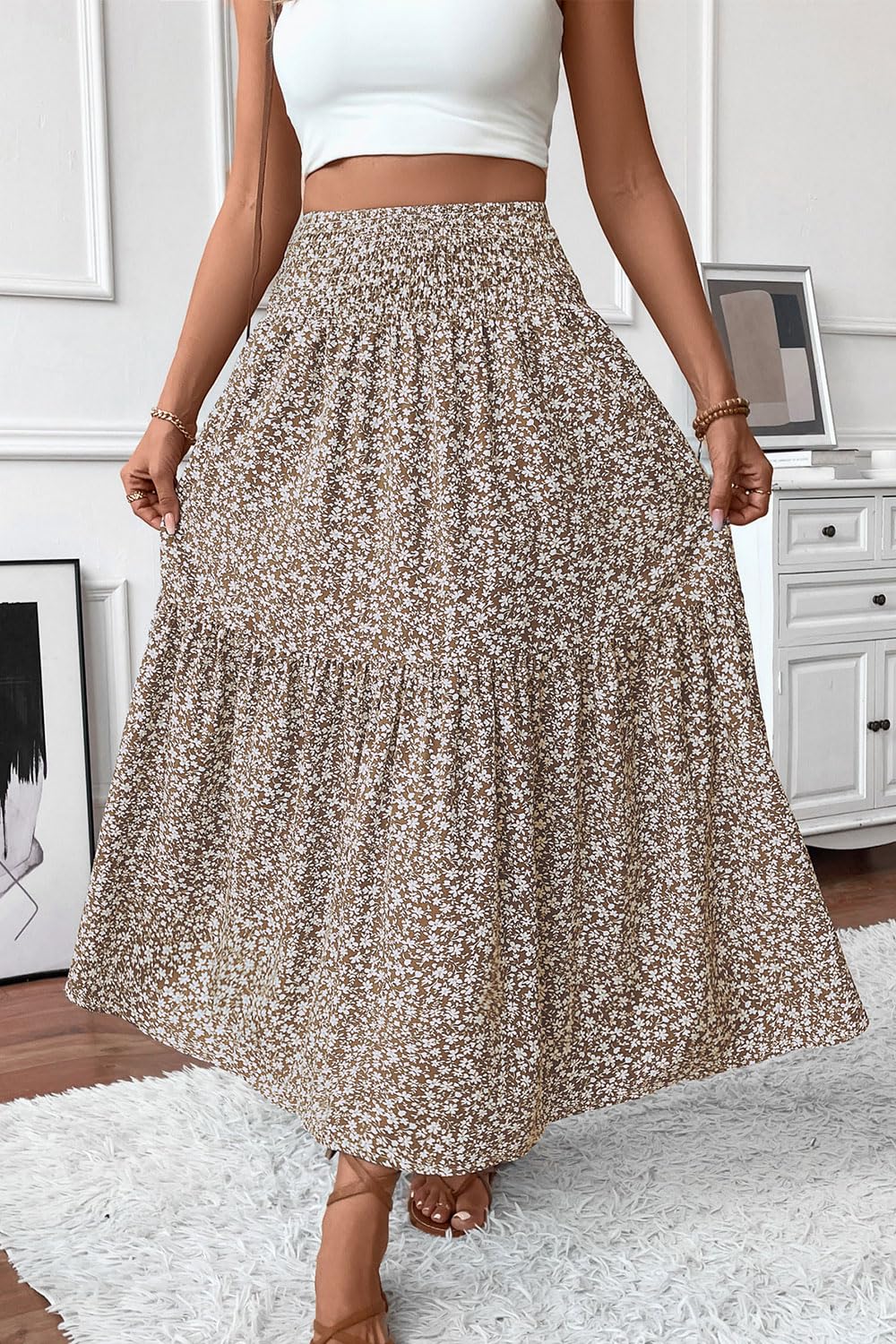 Women's Smocked High Waist Maxi Skirt Casual Boho Long Skirts with Pockets