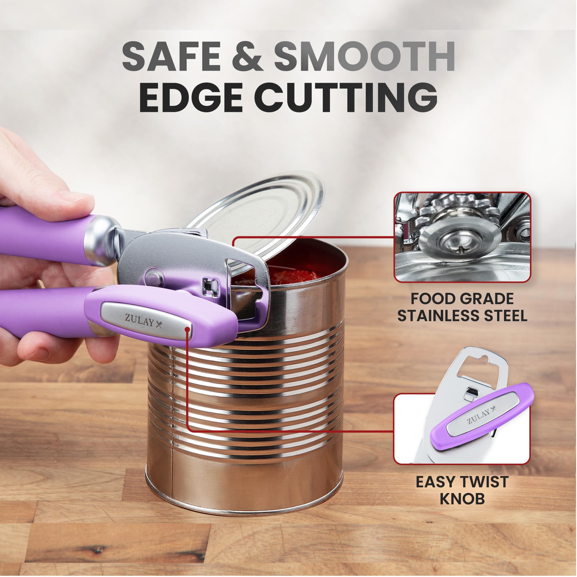 Zulay Kitchen Heavy Duty Stainless Steel Can Opener Manual with Bottle Opener - Rust Proof Manual Can Opener With Turn Knob & Comfy Soft Grip Handles - Airy Lilac