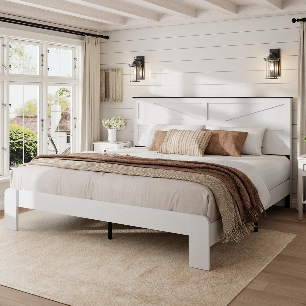 Wooden Bed Frame Full Size with Headboard, Farmhouse Platform Bedframe with Wood Slat Support, Sturdy Framework Bed Frame, Easy Assembly (Rustic Black)