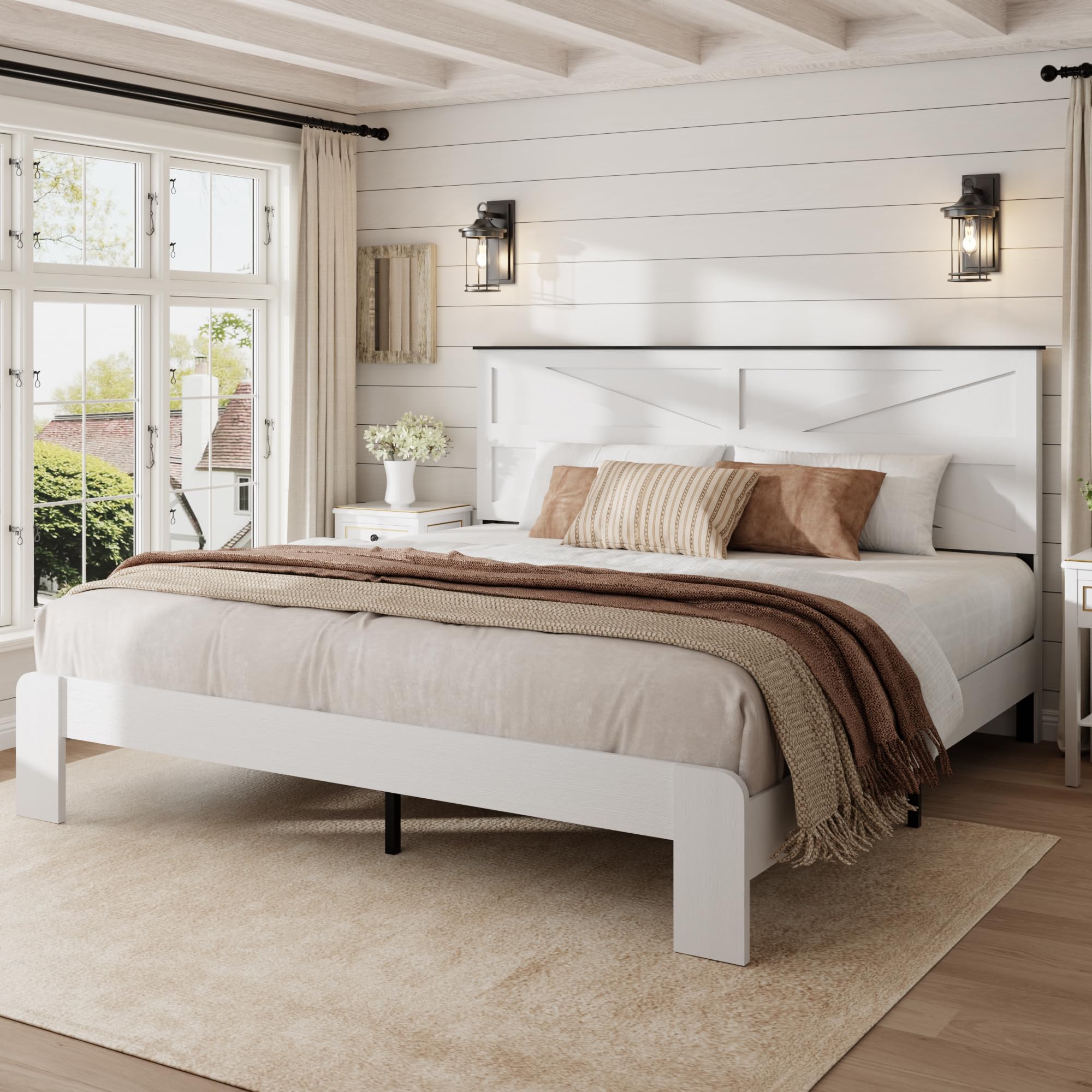 Wooden Bed Frame Full Size with Headboard, Farmhouse Platform Bedframe with Wood Slat Support, Sturdy Framework Bed Frame, Easy Assembly (Rustic Black)