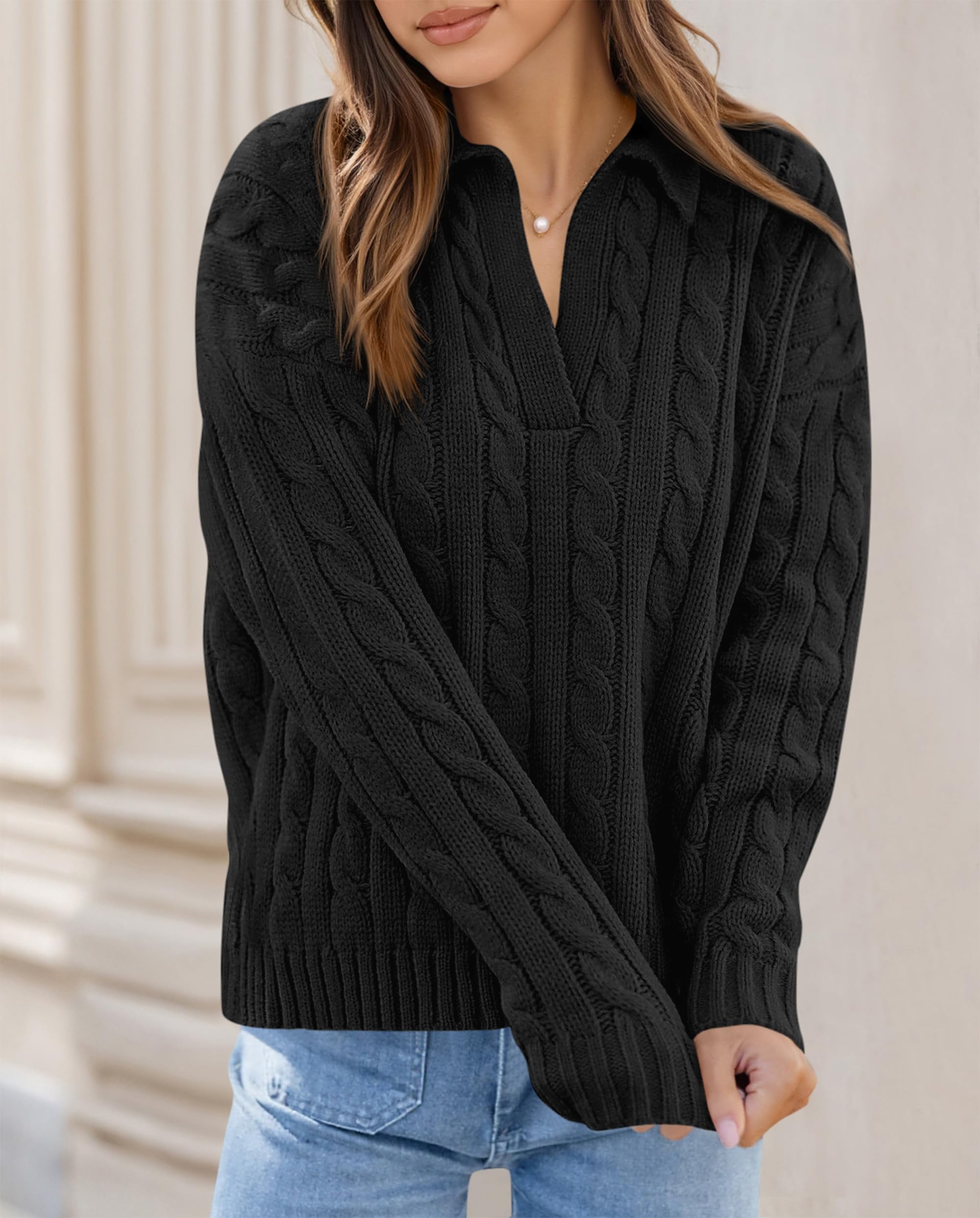 PRETTYGARDEN Spring Cable Knit Oversized Sweaters for Women 2026 Polo V Neck Long Sleeve Casual Chunky Sweater Pullover Tops