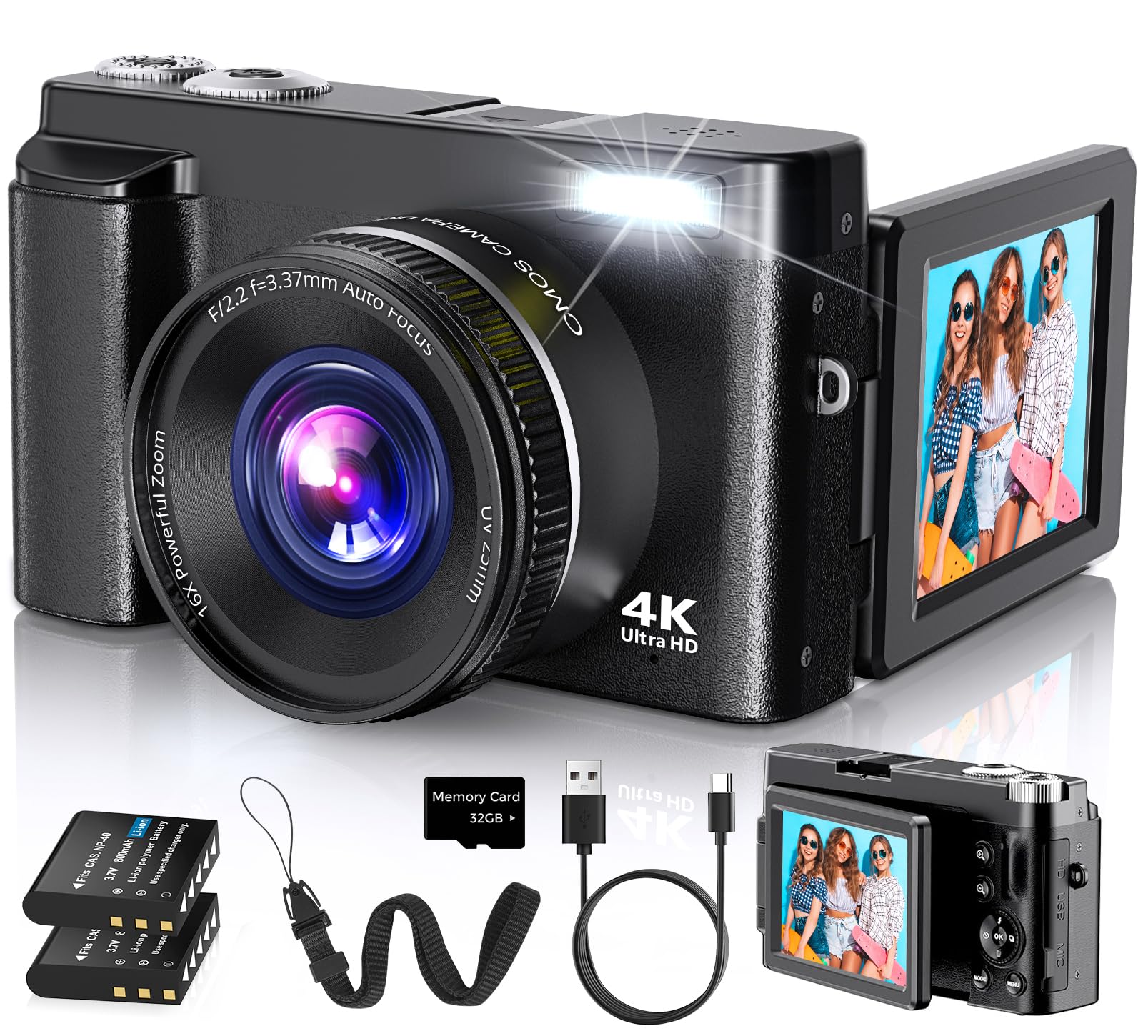 Duluvulu 4K Digital Camera for Photography Autofocus, 2026 Latest 48MP Vlogging Camera for YouTube with SD Card, 2 Batteries, 3" 180°Flip Screen Compact Travel Camera for Teens with 16X Zoom,Black