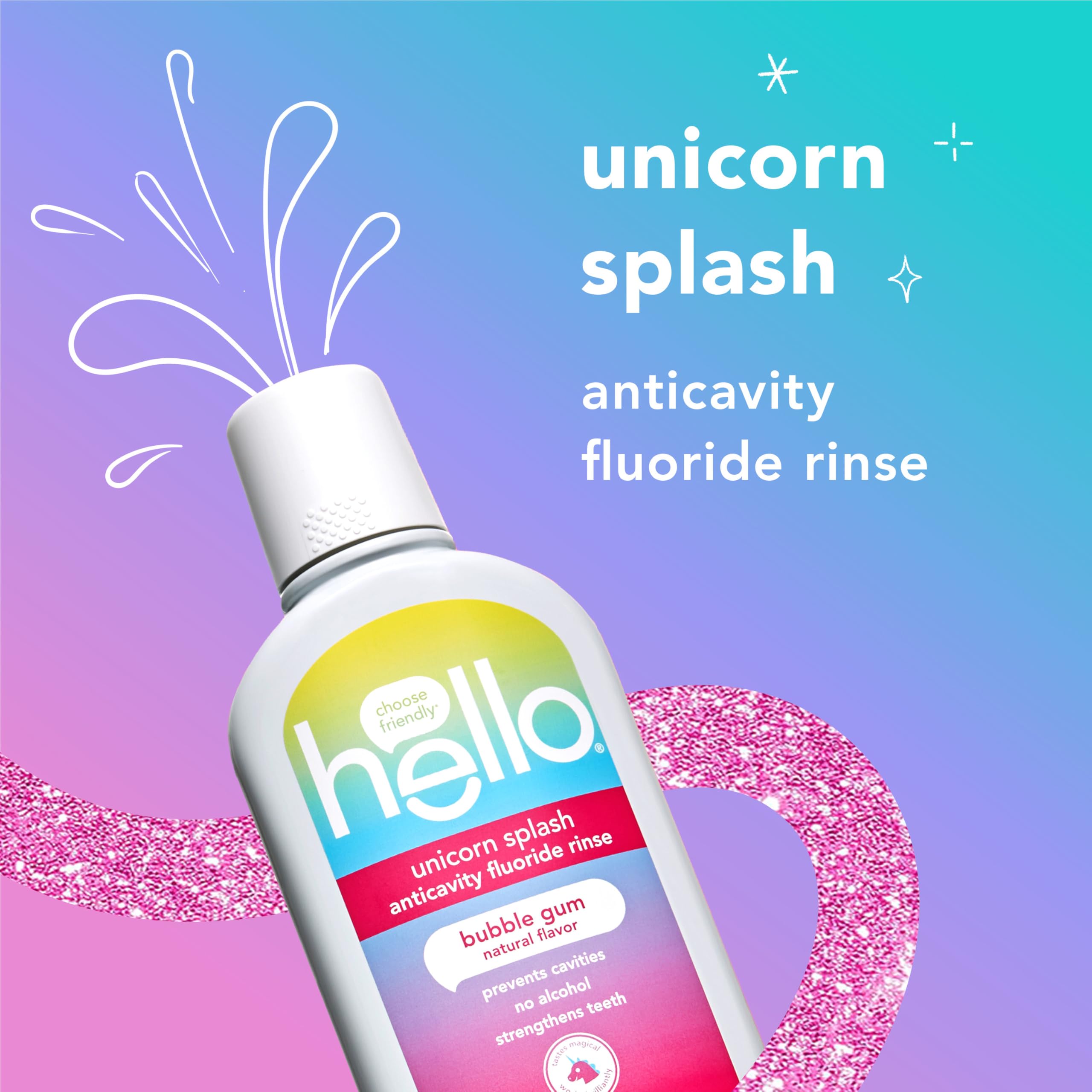 Hello Kids Mouthwash with Unicorn Bubble Gum Flavor, Alcohol Free Mouthwash for Kids with Fluoride, Safe for Ages 6 and Up, Anticavity, Vegan, No Alcohol, No Dyes, 16 Oz Bottles (Pack of 3)