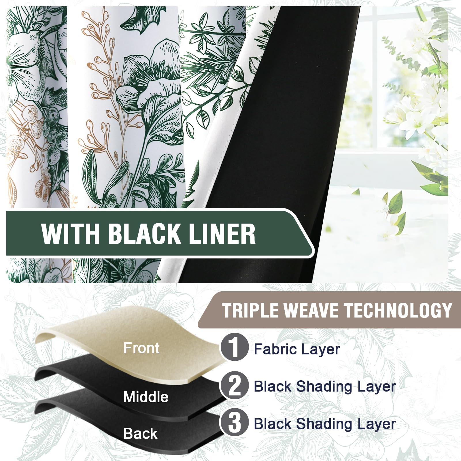 H.VERSAILTEX Blackout Curtains 63 Inch Length 2 Panels Set Floral Print Curtain Drapes for Living Room Thermal Insulated Grommet Window Curtains for Bedroom - Traditional Floral in Antique Green