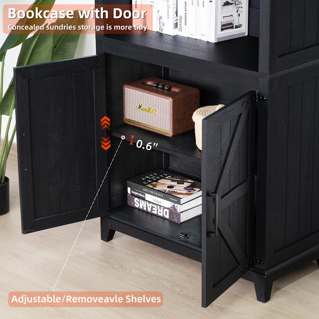 Joaxswe 70in Tall Bookshelf 5 Tier Bookcase with Barn Doors and Adjustable Shelves, Black Farmhouse Book Shelf with Storage Cabinet, Wood Freestanding Display Bookshelves for Bedroom, Living Room