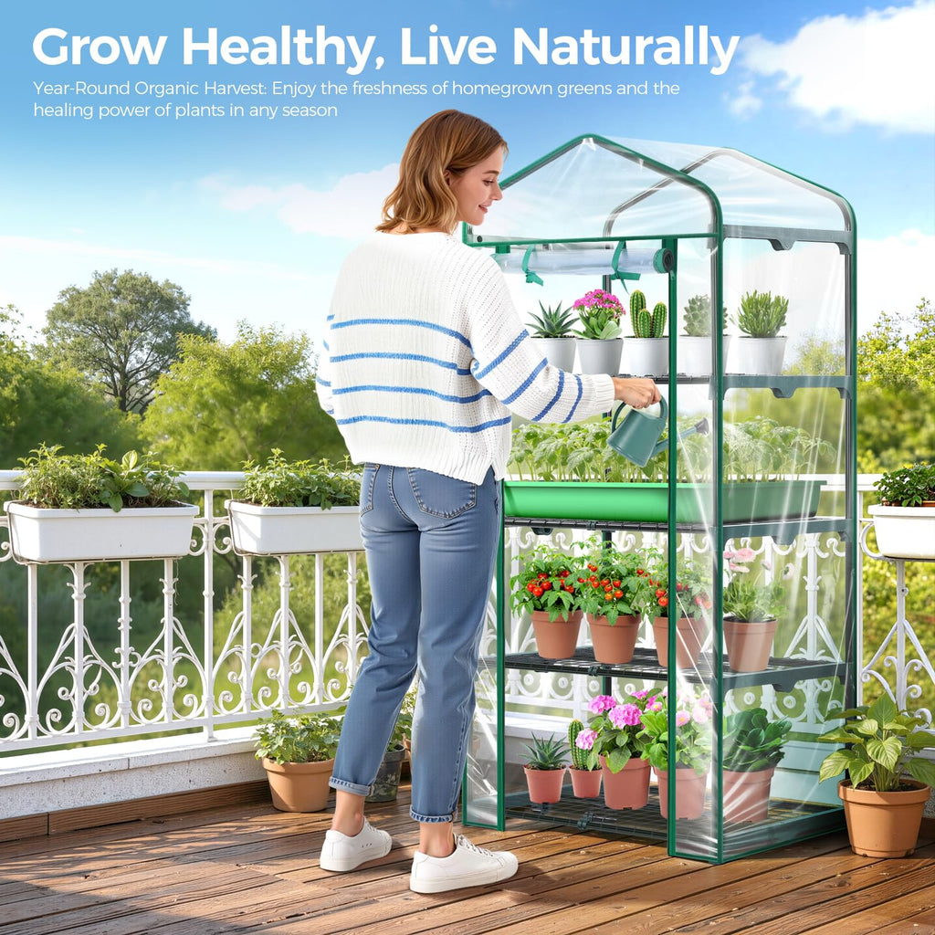 Mini Greenhouse with Screen Roof, Ohuhu Upgraded Portable 4 Tier Small Greenhouses for Outdoors Indoor with Reelable Door, Heavy Duty Plastic Green House for Outside Garden Patio Yard Porch Balcony