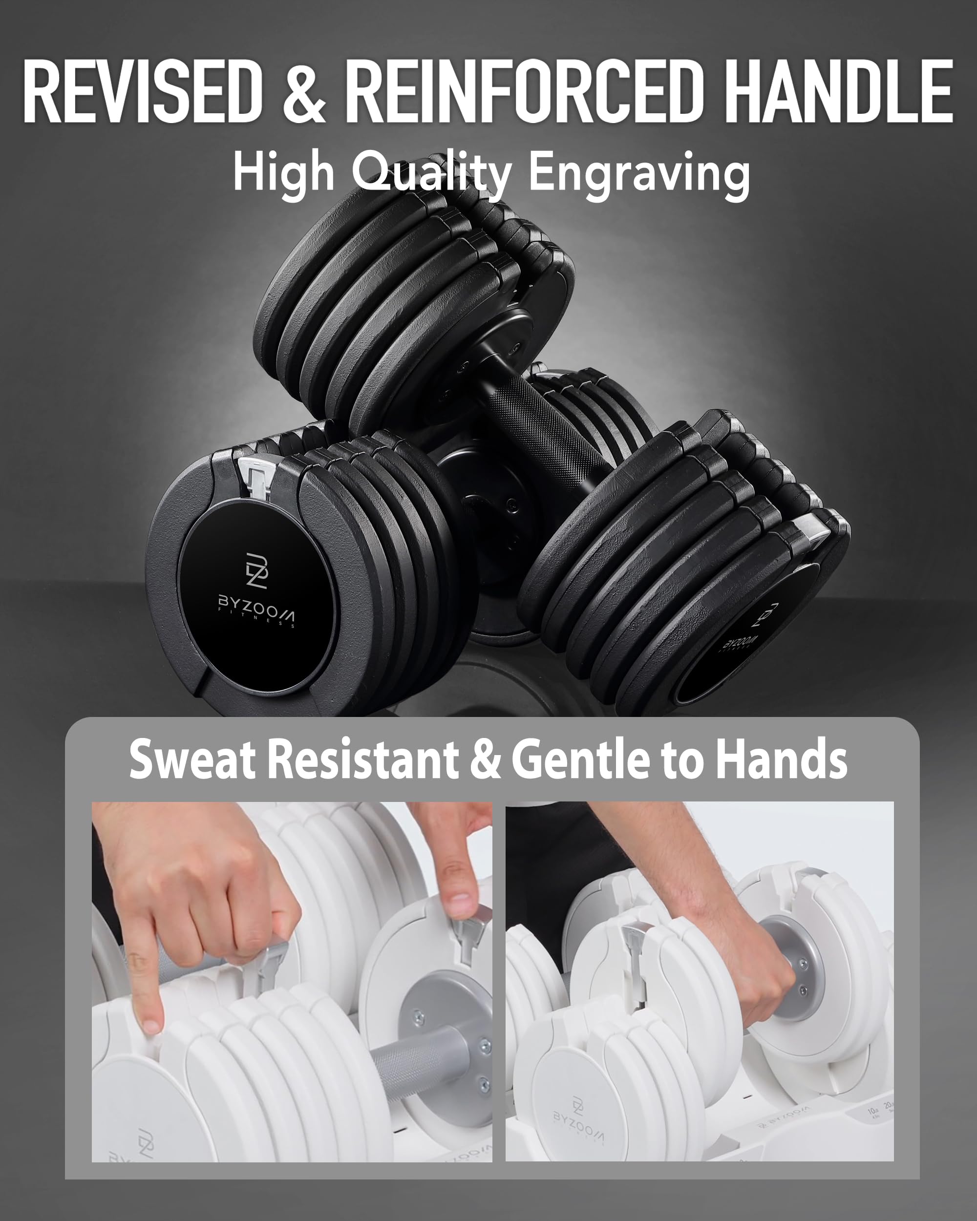 BYZOOM FITNESS Pure Series Adjustable Dumbbell - 12.5/25/27.5/50/55/75lb - ONE UNIT OR PAIR(check QTY before purchase) - 5-in-1/ 10-in-1 / 15-in-1 / 21-in-1 Flexible Hand Weights for Home Apartment Garage Gym, Strength Training & Fitness Workouts, White O