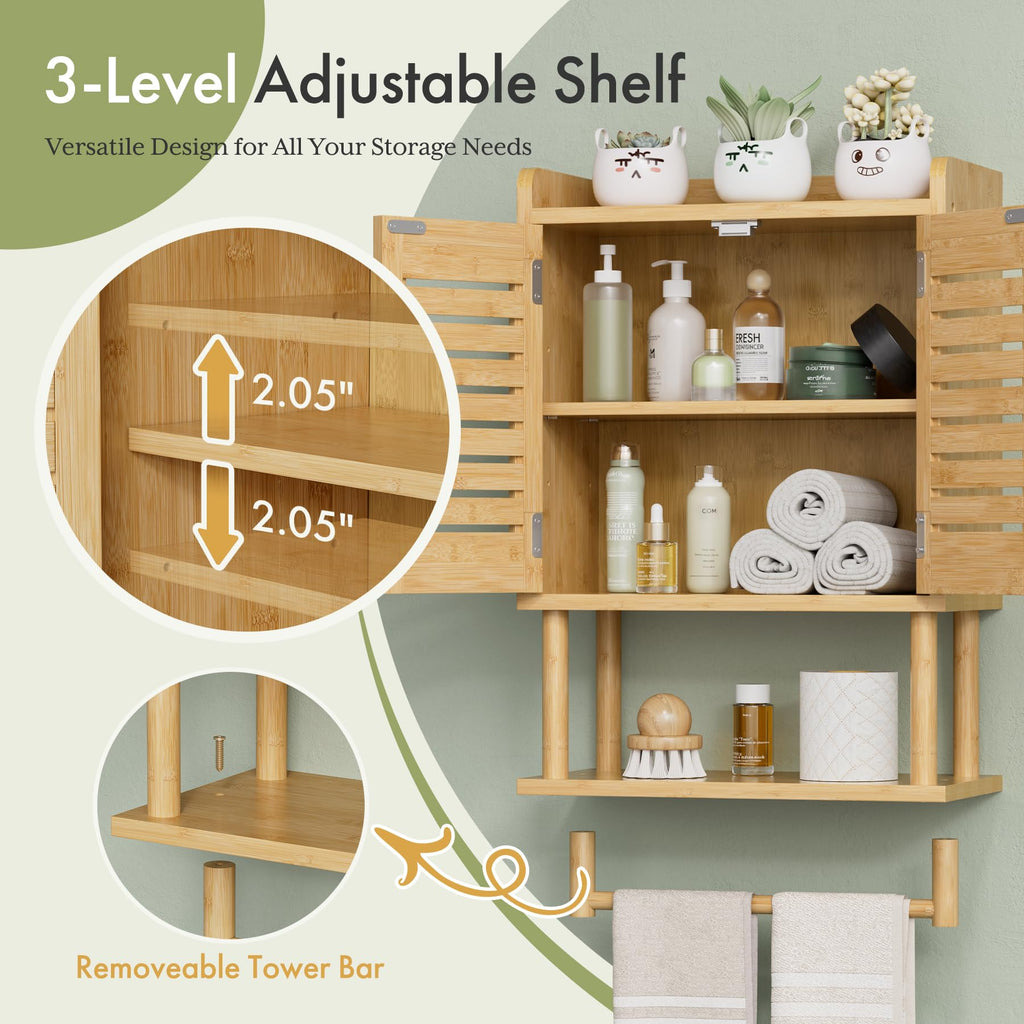 AmazerBath Bathroom Wall Cabinets, Bamboo Medicine Cabinet with Rattan Door, Over The Toilet Storage Cabinet with Towel Bar, Wall Mounted Cabinet with Adjustable Shelves for Small Spaces