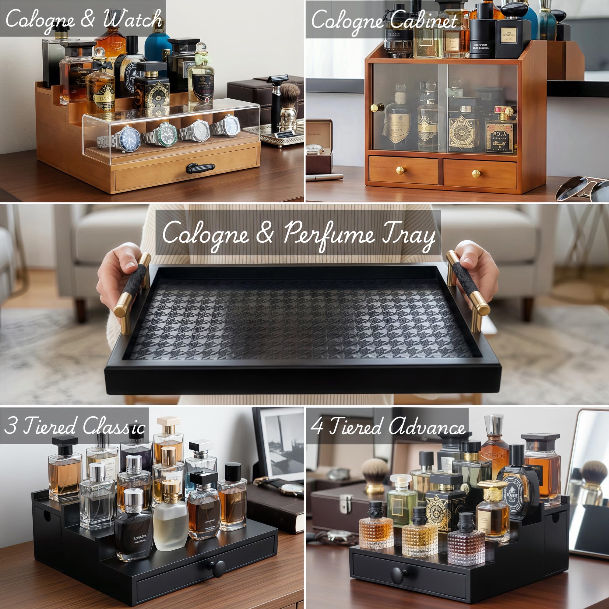 Wooden Cologne Organizer for Men 3 Tier | Black Perfume Holder Shelf for Dresser | High Grade Velvet Lining and Stylish Gift Box | Uncluttered Design Perfume Display Stand