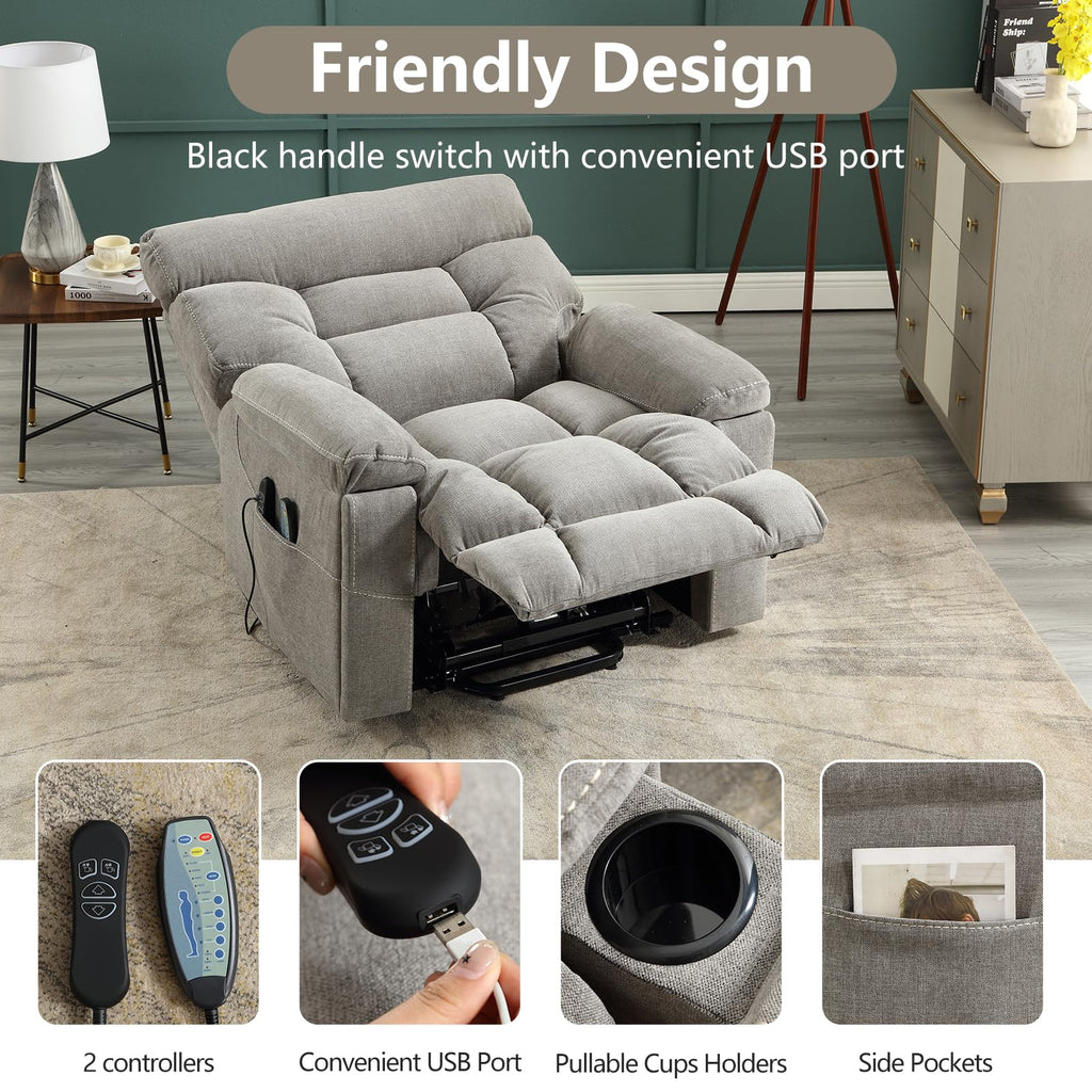 CANMOV Dual Motor Power Lift Recliner Chair for Elderly, 27" Extra-Wide Seat 450 lbs Weight Capacity Infinite Position Adjustment, with Heated Massage, Cup Holders and USB Port, Camel Fabric